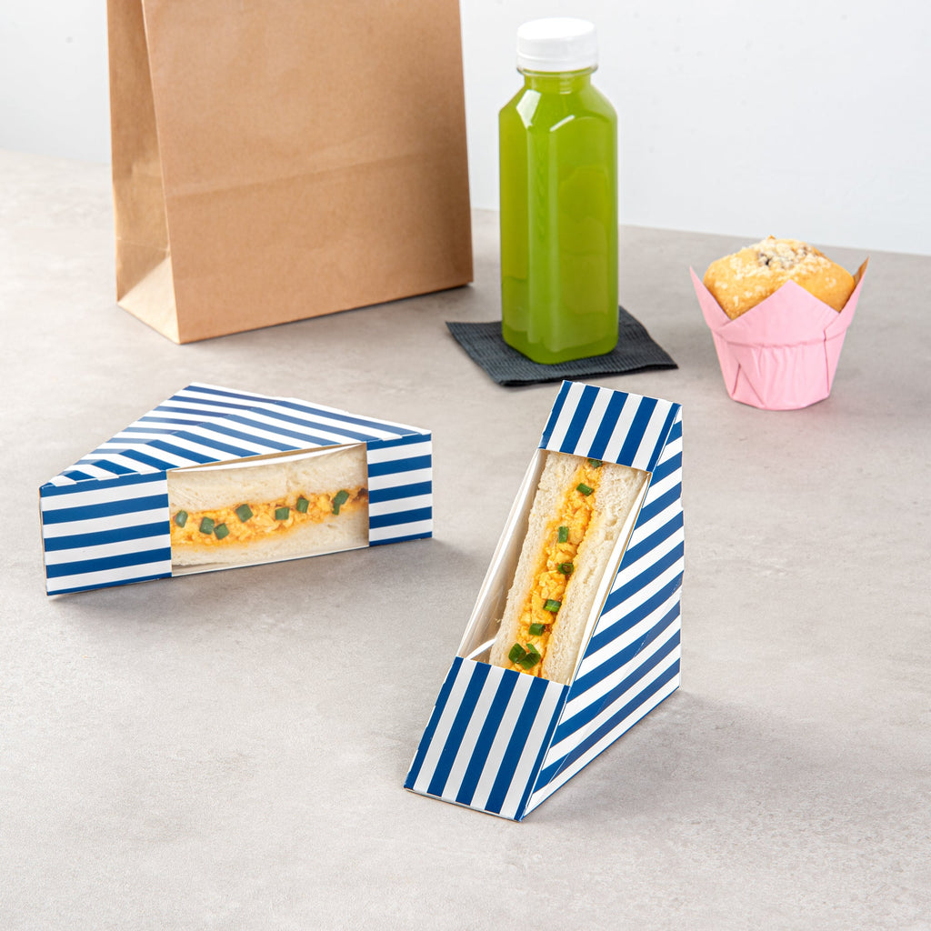 Cafe Vision Triangle Blue and White Stripe Paper Small Sandwich Box - 4 3/4" x 4 3/4" x 2" - 25 count box