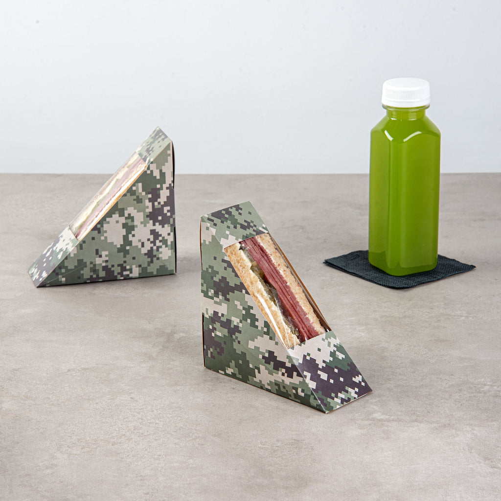Cafe Vision Triangle Camouflage Paper Small Sandwich Box - 4 3/4" x 4 3/4" x 2" - 25 count box