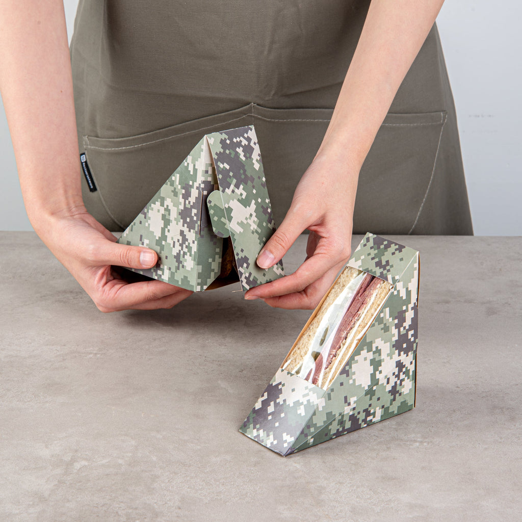 Cafe Vision Triangle Camouflage Paper Small Sandwich Box - 4 3/4" x 4 3/4" x 2" - 25 count box