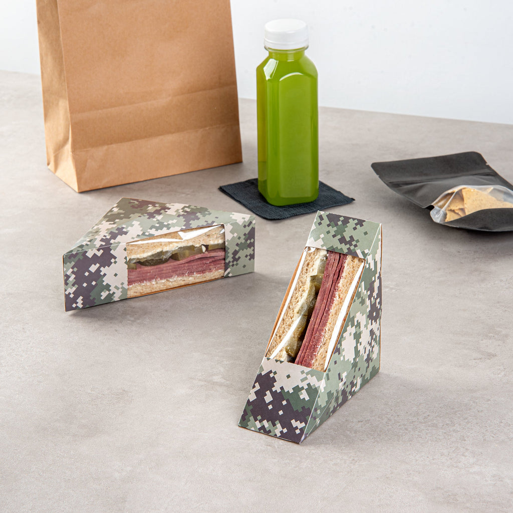 Cafe Vision Triangle Camouflage Paper Small Sandwich Box - 4 3/4" x 4 3/4" x 2" - 25 count box