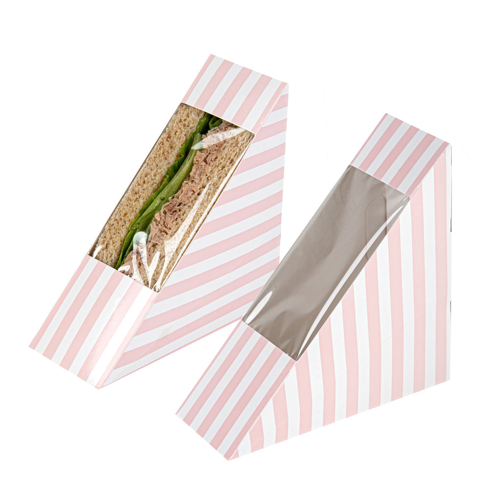 Cafe Vision Triangle Pink and White Stripe Paper Small Sandwich Box - 4 3/4" x 4 3/4" x 2" - 25 count box