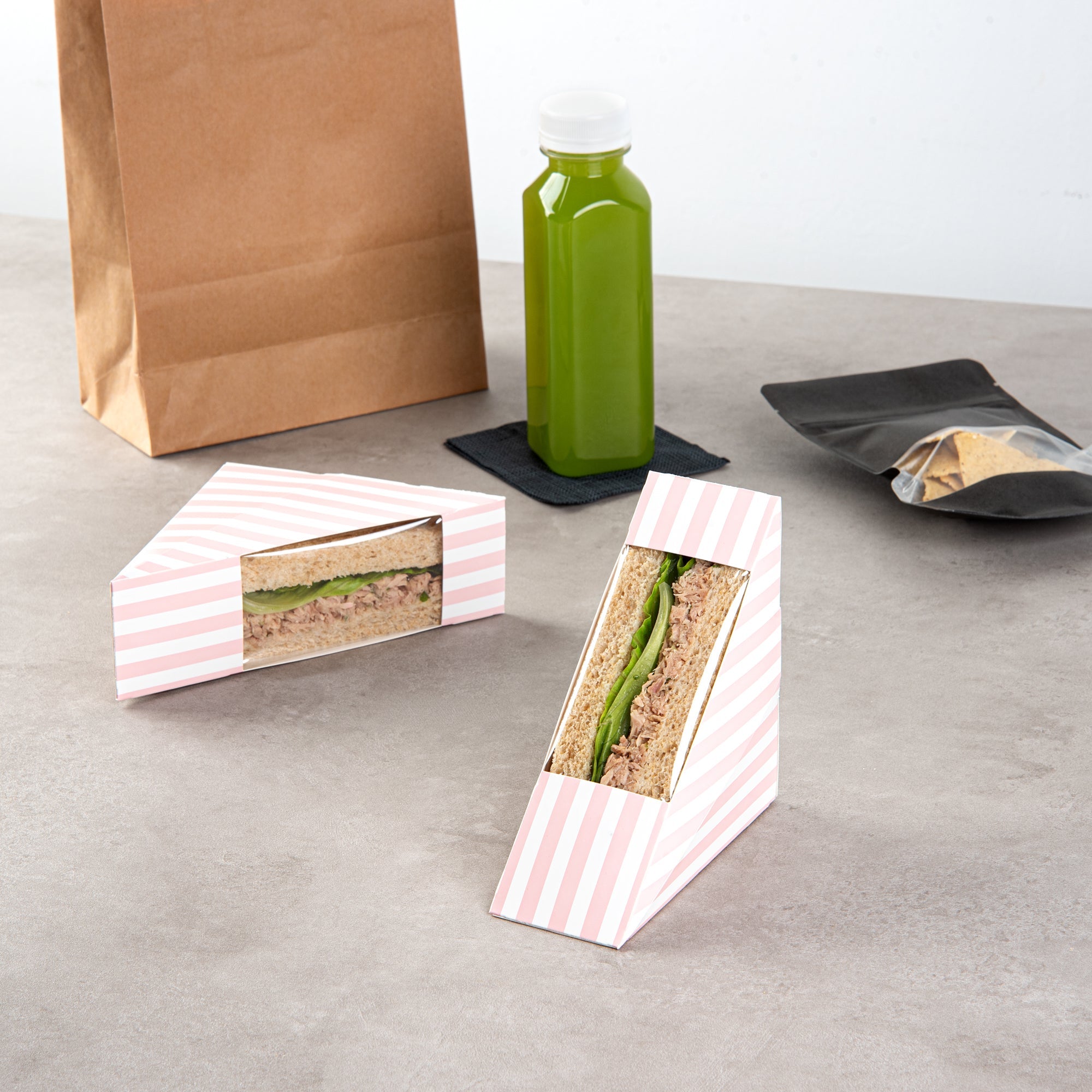 Cafe Vision Triangle Pink and White Stripe Paper Small Sandwich Box - 4 3/4" x 4 3/4" x 2" - 25 count box