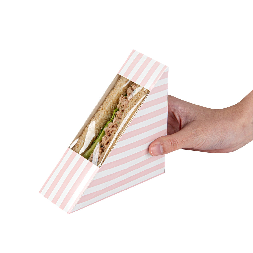 Cafe Vision Triangle Pink and White Stripe Paper Small Sandwich Box - 4 3/4" x 4 3/4" x 2" - 200 count box