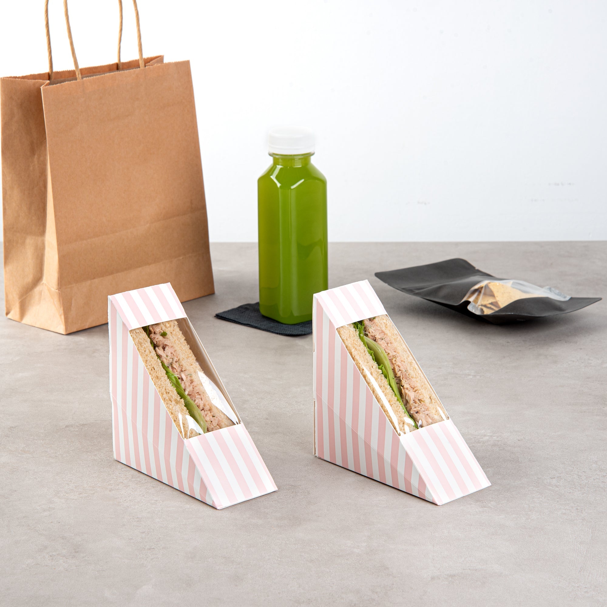 Cafe Vision Triangle Pink and White Stripe Paper Small Sandwich Box - 4 3/4" x 4 3/4" x 2" - 200 count box