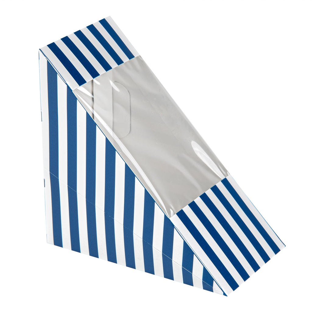 Cafe Vision Triangle Blue and White Stripe Paper Medium Sandwich Box - 4 3/4" x 4 3/4" x 2 3/4" - 25 count box