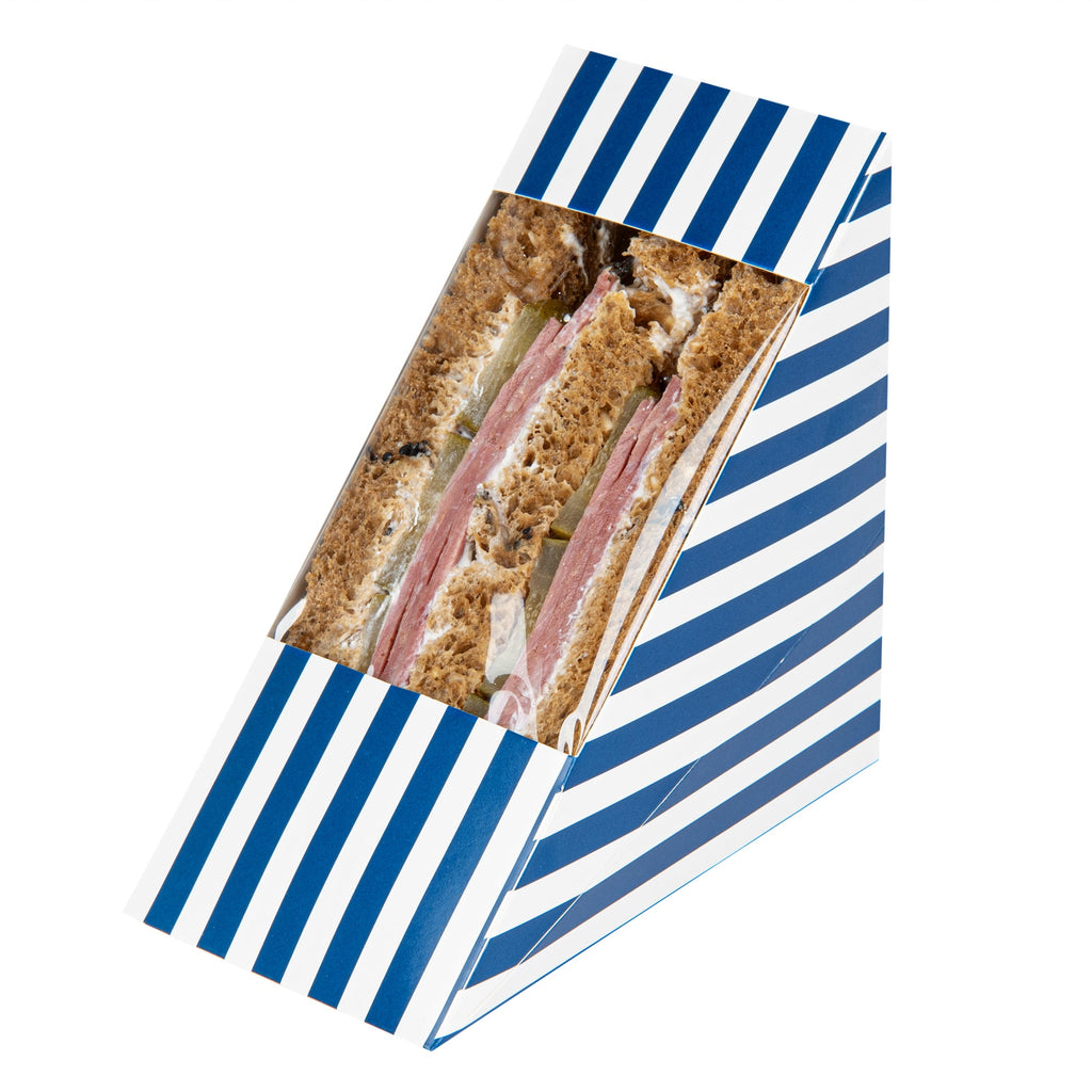 Cafe Vision Triangle Blue and White Stripe Paper Medium Sandwich Box - 4 3/4" x 4 3/4" x 2 3/4" - 200 count box