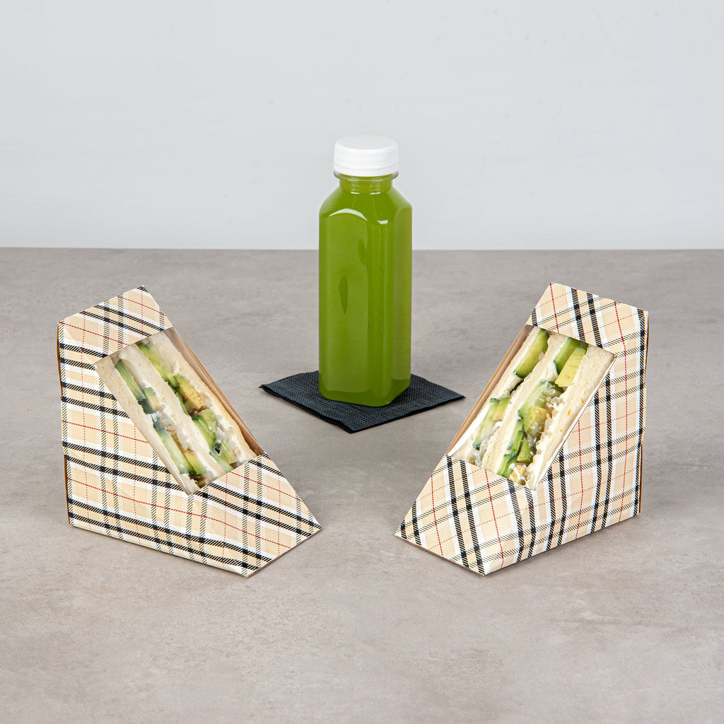 Cafe Vision Triangle Plaid Paper Medium Sandwich Box - 4 3/4" x 4 3/4" x 2 3/4" - 25 count box