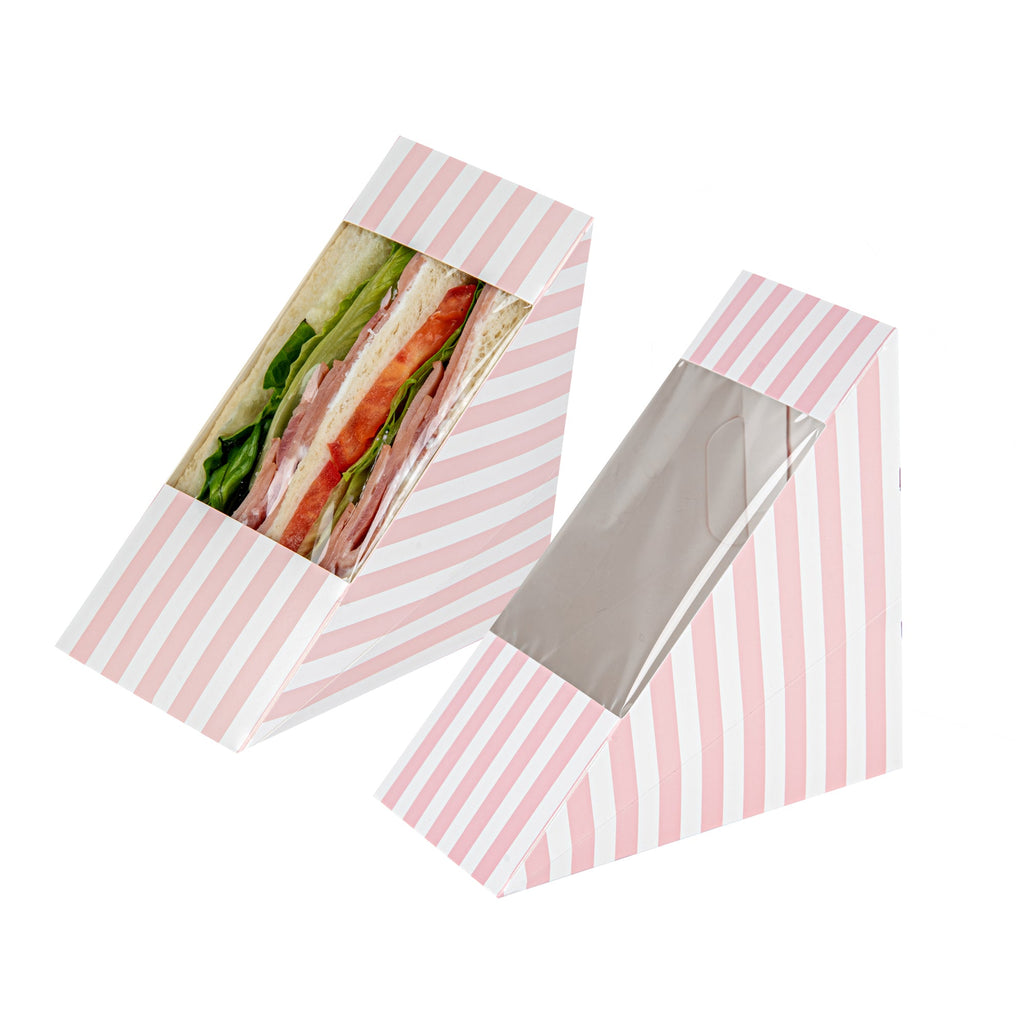 Cafe Vision Triangle Pink and White Stripe Paper Medium Sandwich Box - 4 3/4" x 4 3/4" x 2 3/4" - 25 count box