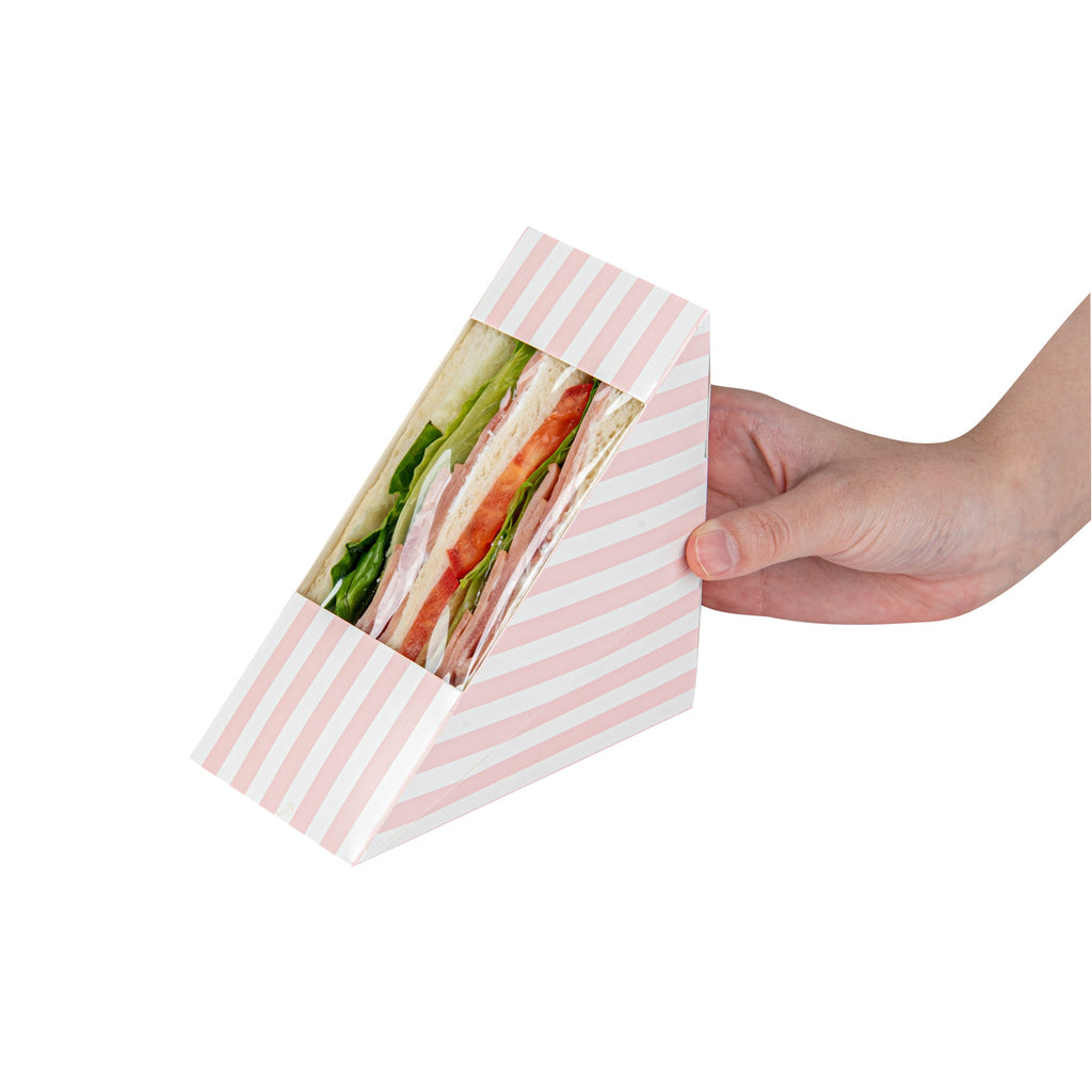 Cafe Vision Triangle Pink and White Stripe Paper Medium Sandwich Box - 4 3/4" x 4 3/4" x 2 3/4" - 25 count box
