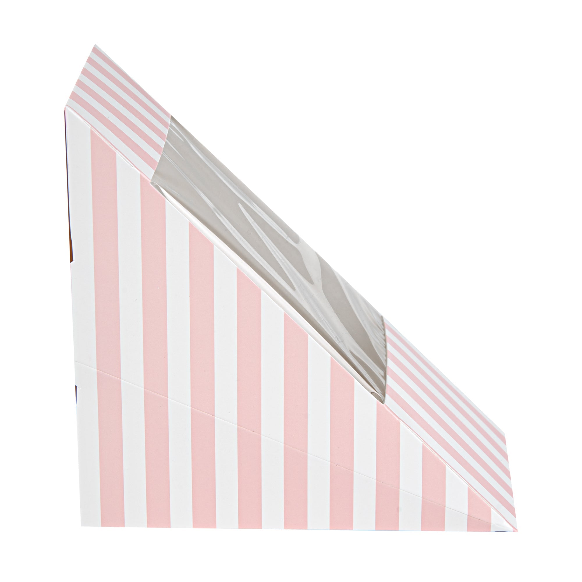 Cafe Vision Triangle Pink and White Stripe Paper Medium Sandwich Box - 4 3/4" x 4 3/4" x 2 3/4" - 25 count box