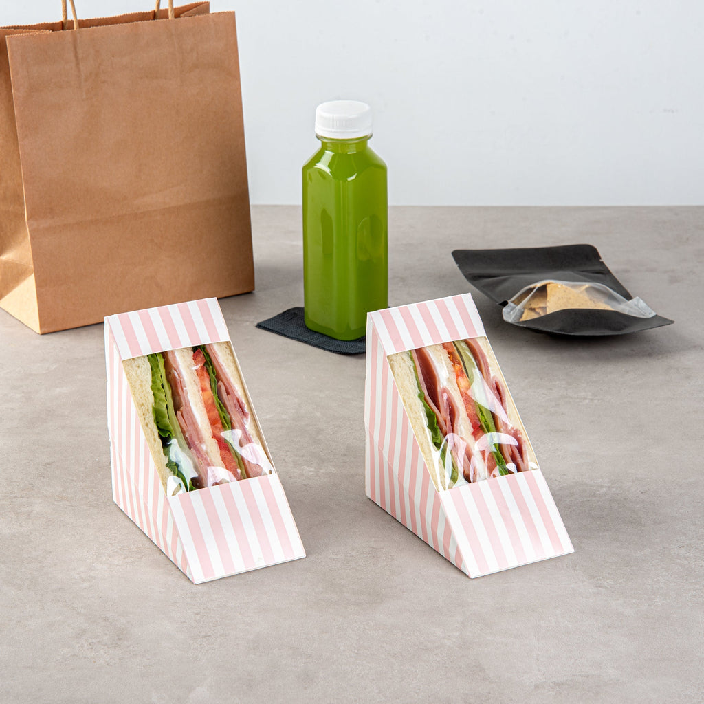 Cafe Vision Triangle Pink and White Stripe Paper Medium Sandwich Box - 4 3/4" x 4 3/4" x 2 3/4" - 25 count box