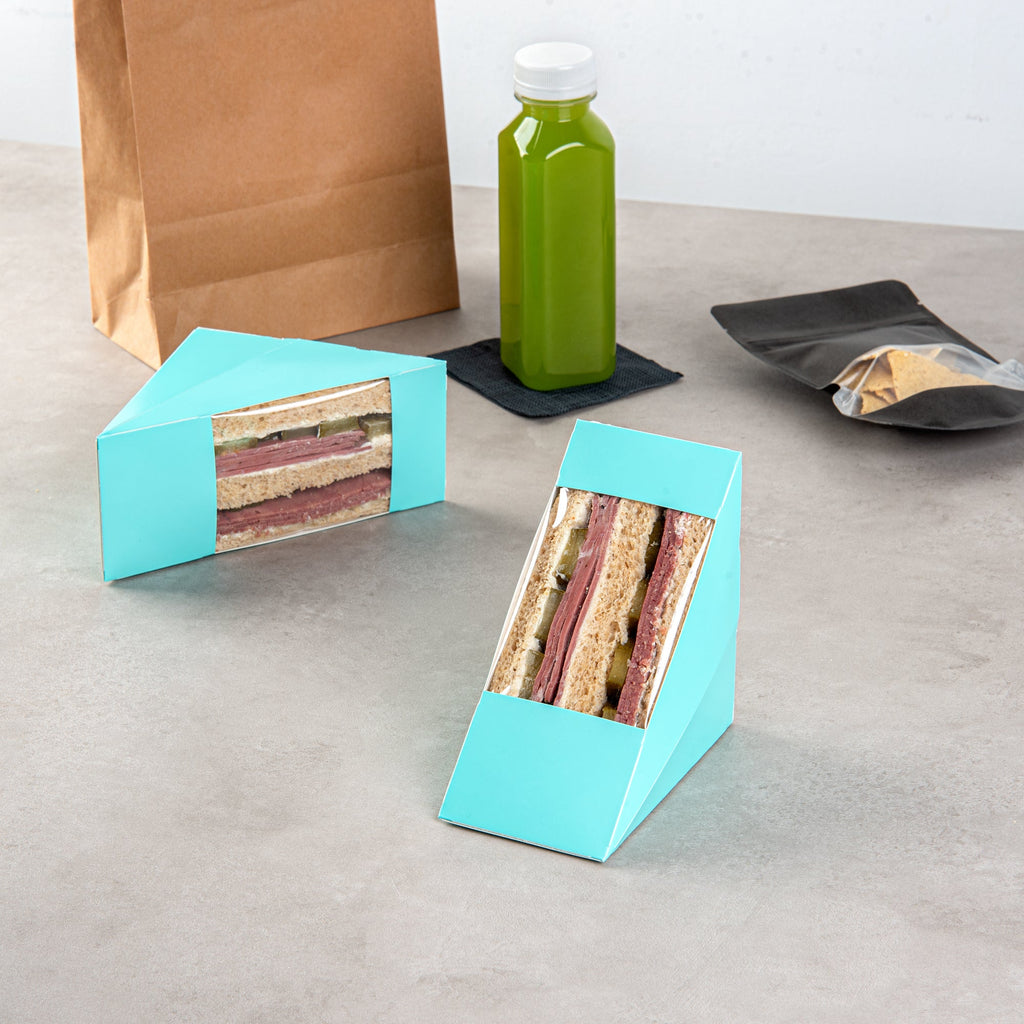 Cafe Vision Triangle Turquoise Paper Medium Sandwich Box - 4 3/4" x 4 3/4" x 2 3/4" - 25 count box
