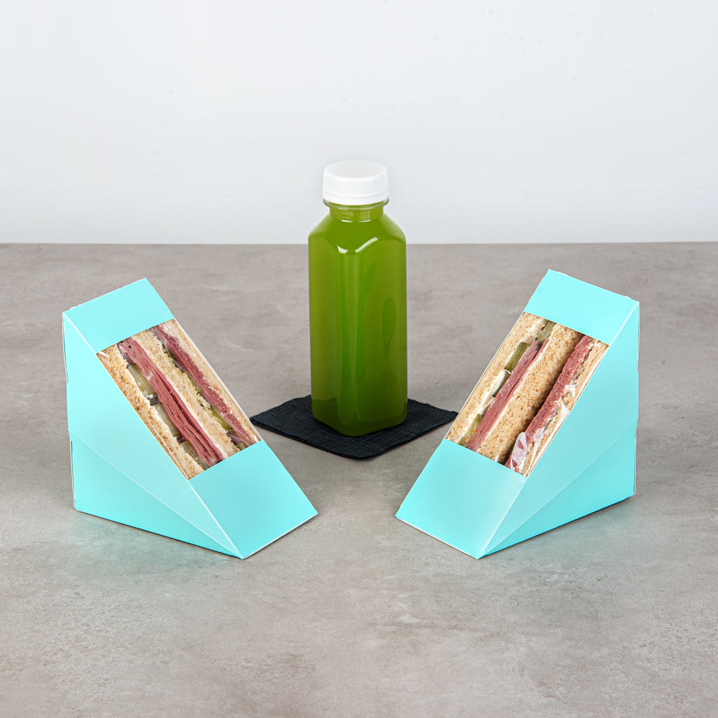 Cafe Vision Triangle Turquoise Paper Medium Sandwich Box - 4 3/4" x 4 3/4" x 2 3/4" - 25 count box