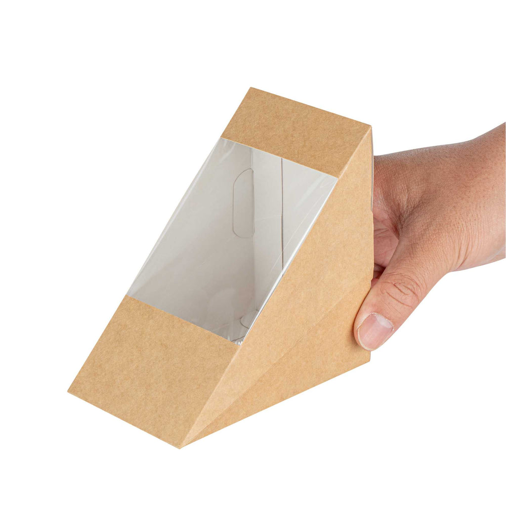 Cafe Vision Triangle Kraft Paper Large Sandwich Box - 4 3/4" x 4 3/4" x 3 1/4" - 25 count box