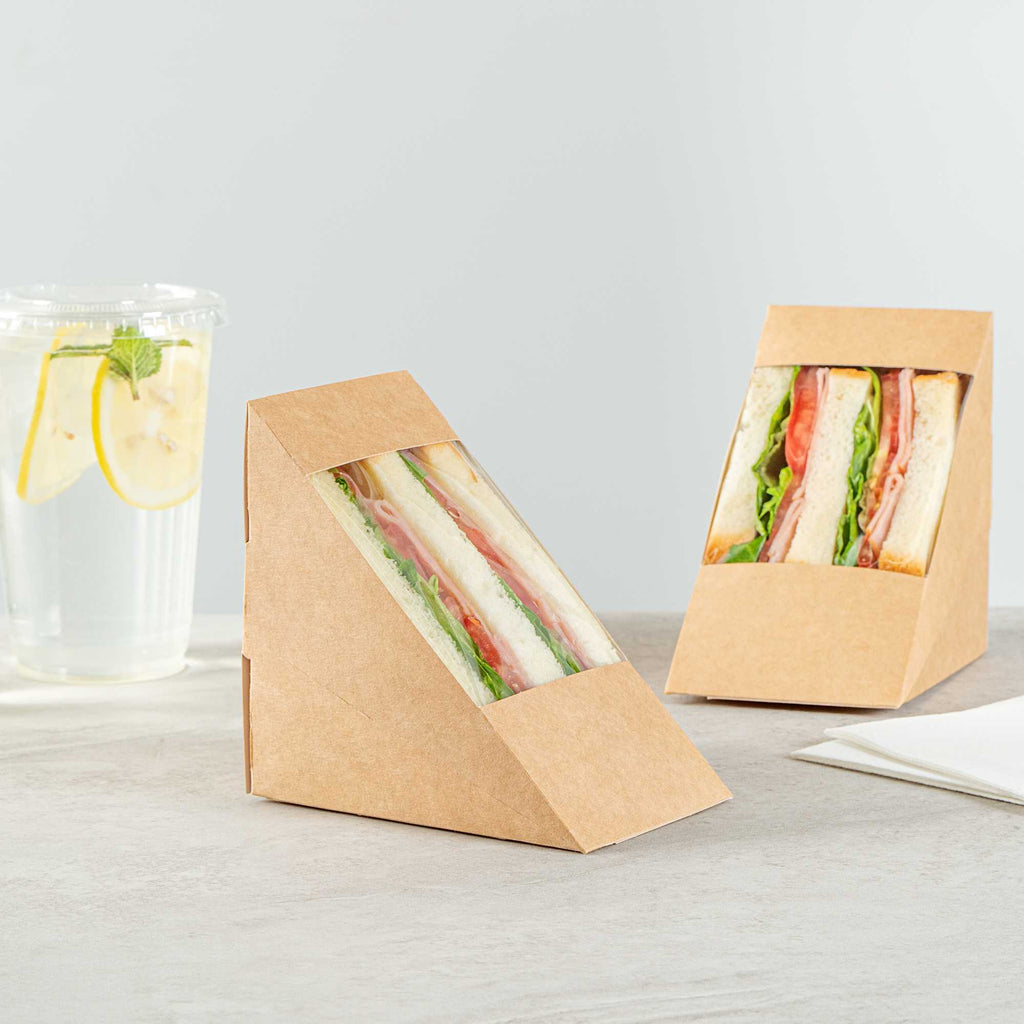 Cafe Vision Triangle Kraft Paper Large Sandwich Box - 4 3/4" x 4 3/4" x 3 1/4" - 25 count box