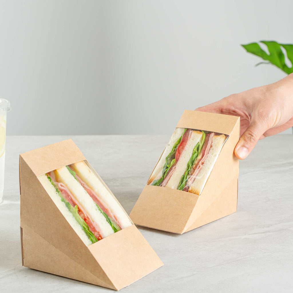 Cafe Vision Triangle Kraft Paper Large Sandwich Box - 4 3/4" x 4 3/4" x 3 1/4" - 25 count box