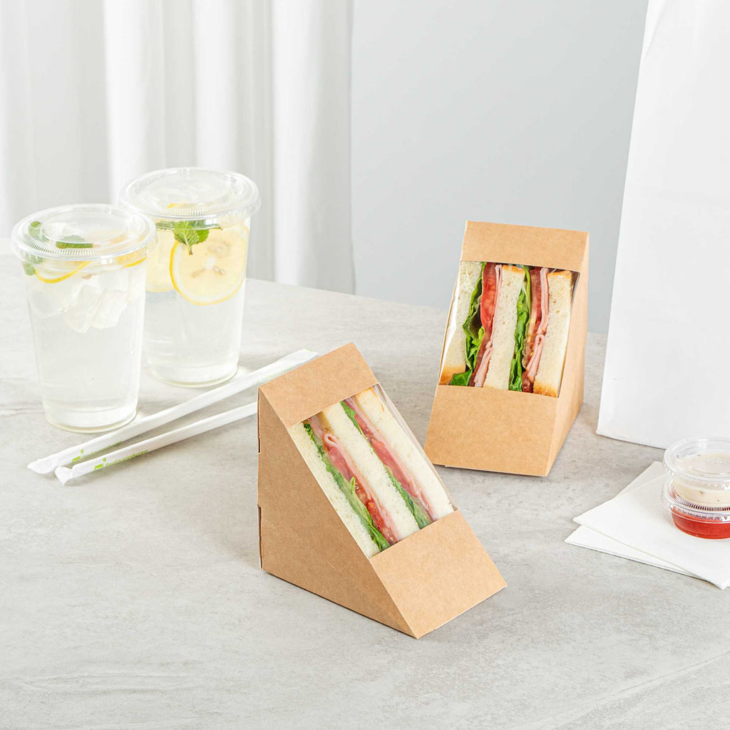 Cafe Vision Triangle Kraft Paper Large Sandwich Box - 4 3/4" x 4 3/4" x 3 1/4" - 25 count box