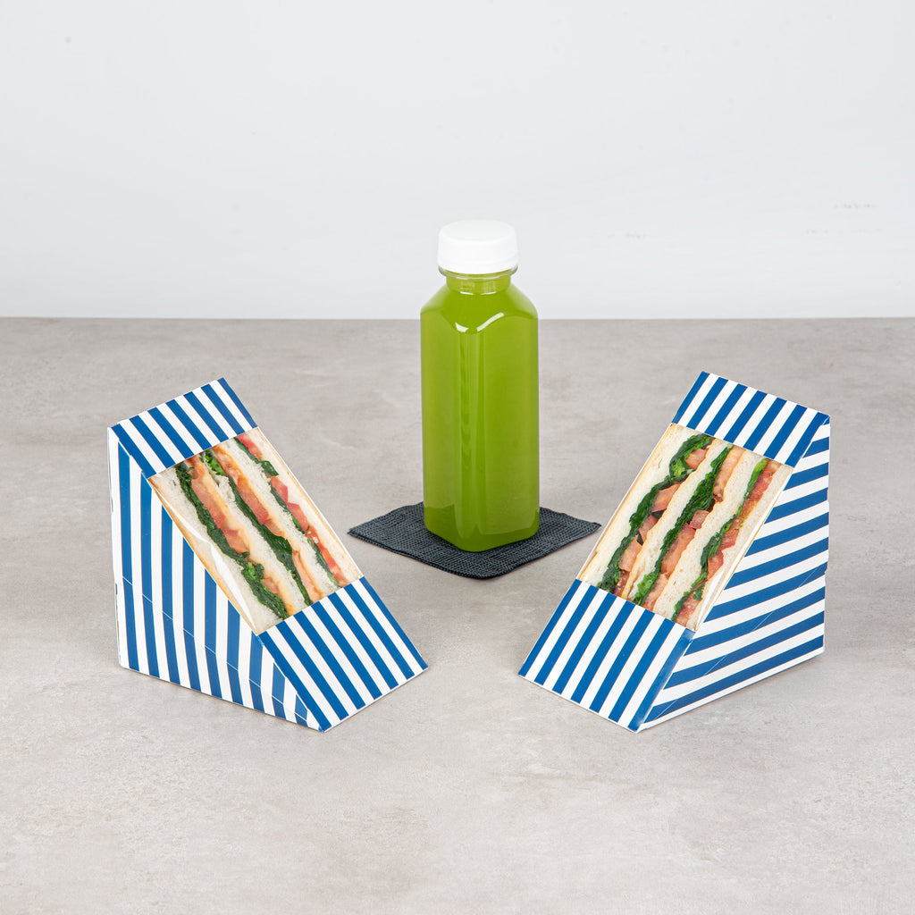 Cafe Vision Triangle Blue and White Stripe Paper Large Sandwich Box - 4 3/4" x 4 3/4" x 3 1/4" - 25 count box