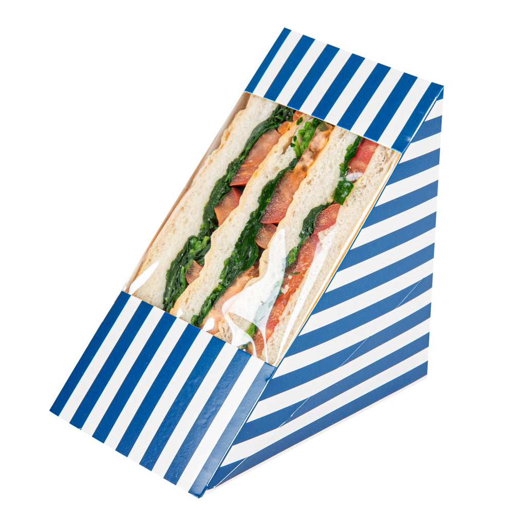 Cafe Vision Triangle Blue and White Stripe Paper Large Sandwich Box - 4 3/4" x 4 3/4" x 3 1/4" - 200 count box