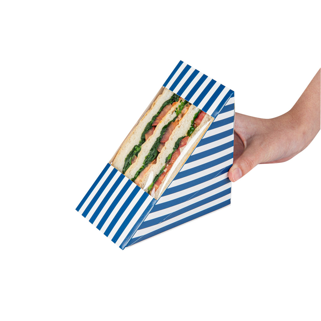 Cafe Vision Triangle Blue and White Stripe Paper Large Sandwich Box - 4 3/4" x 4 3/4" x 3 1/4" - 200 count box