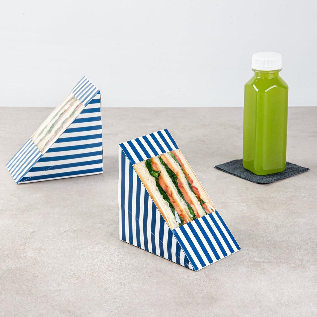 Cafe Vision Triangle Blue and White Stripe Paper Large Sandwich Box - 4 3/4" x 4 3/4" x 3 1/4" - 200 count box