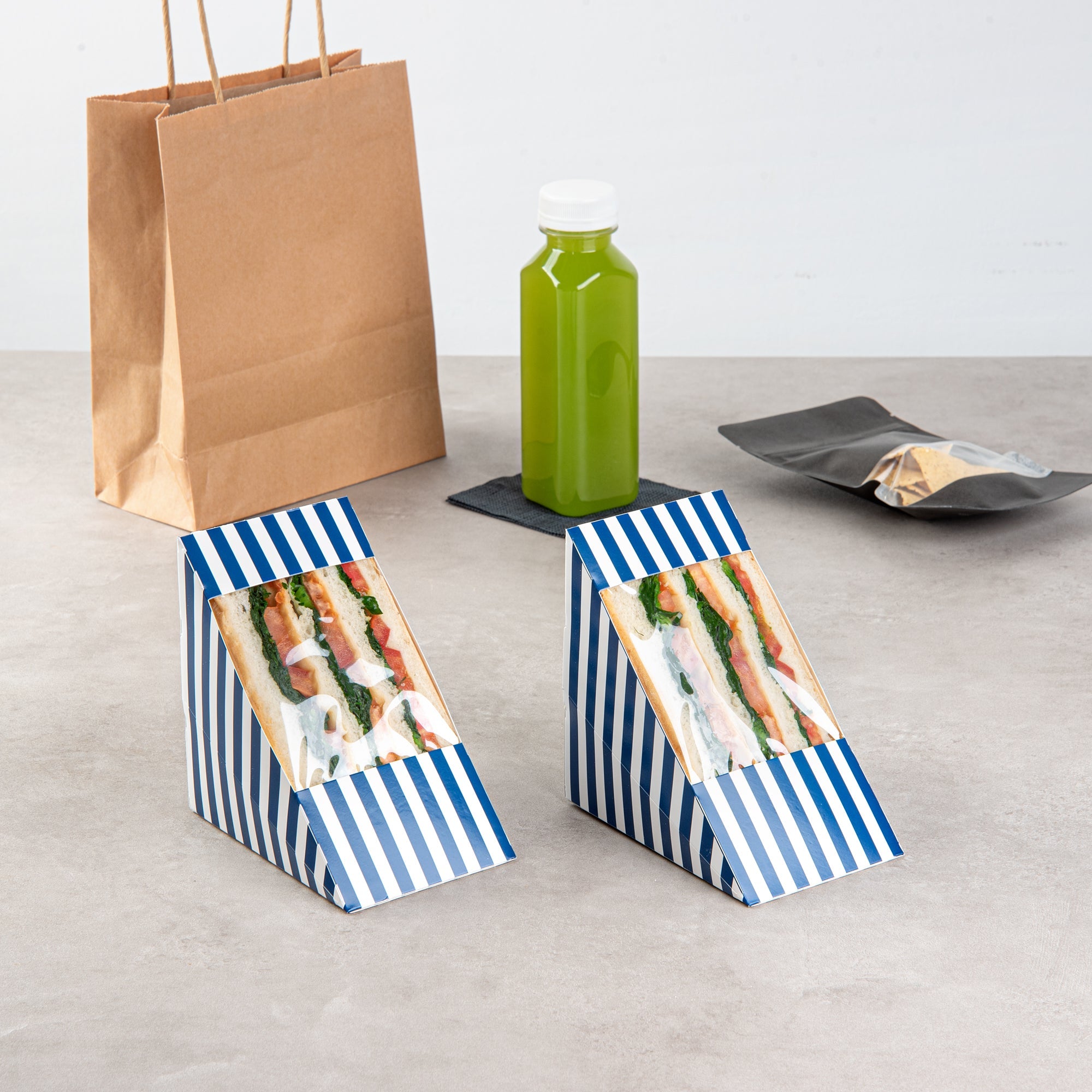 Cafe Vision Triangle Blue and White Stripe Paper Large Sandwich Box - 4 3/4" x 4 3/4" x 3 1/4" - 200 count box