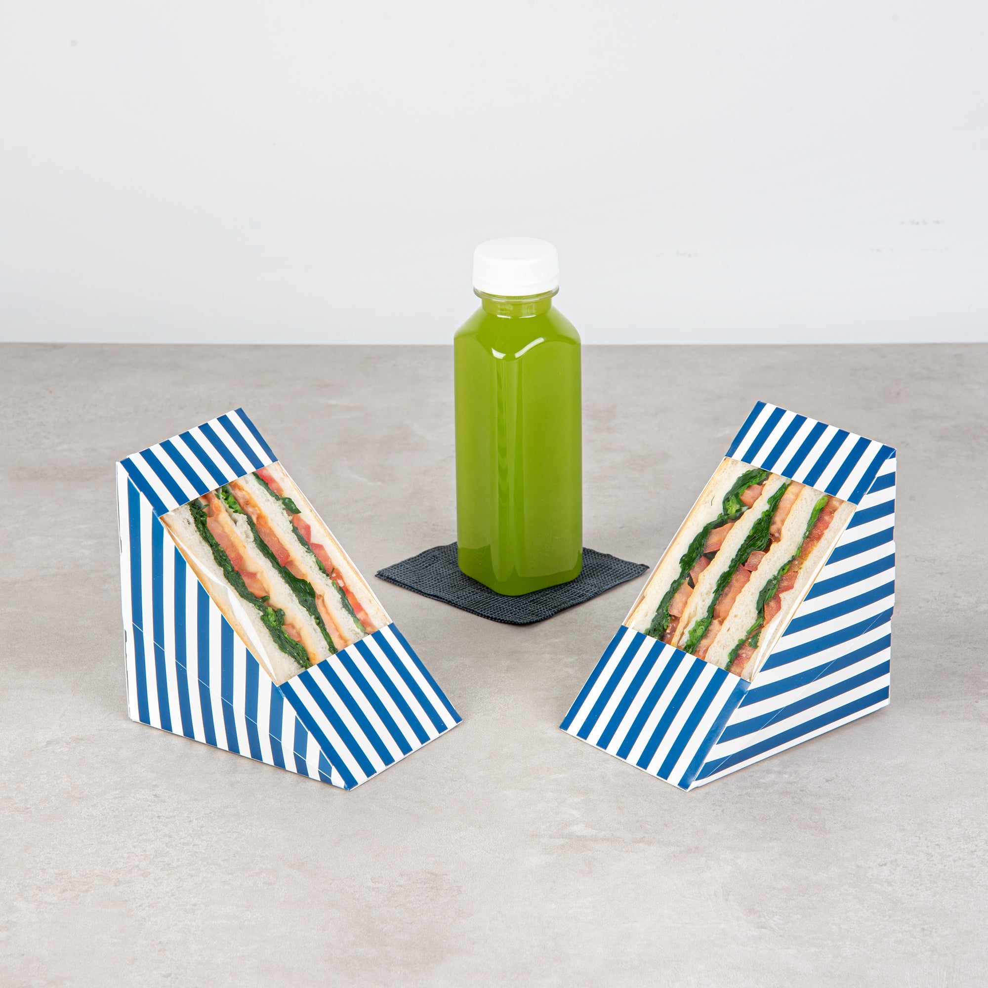 Cafe Vision Triangle Blue and White Stripe Paper Large Sandwich Box - 4 3/4" x 4 3/4" x 3 1/4" - 200 count box