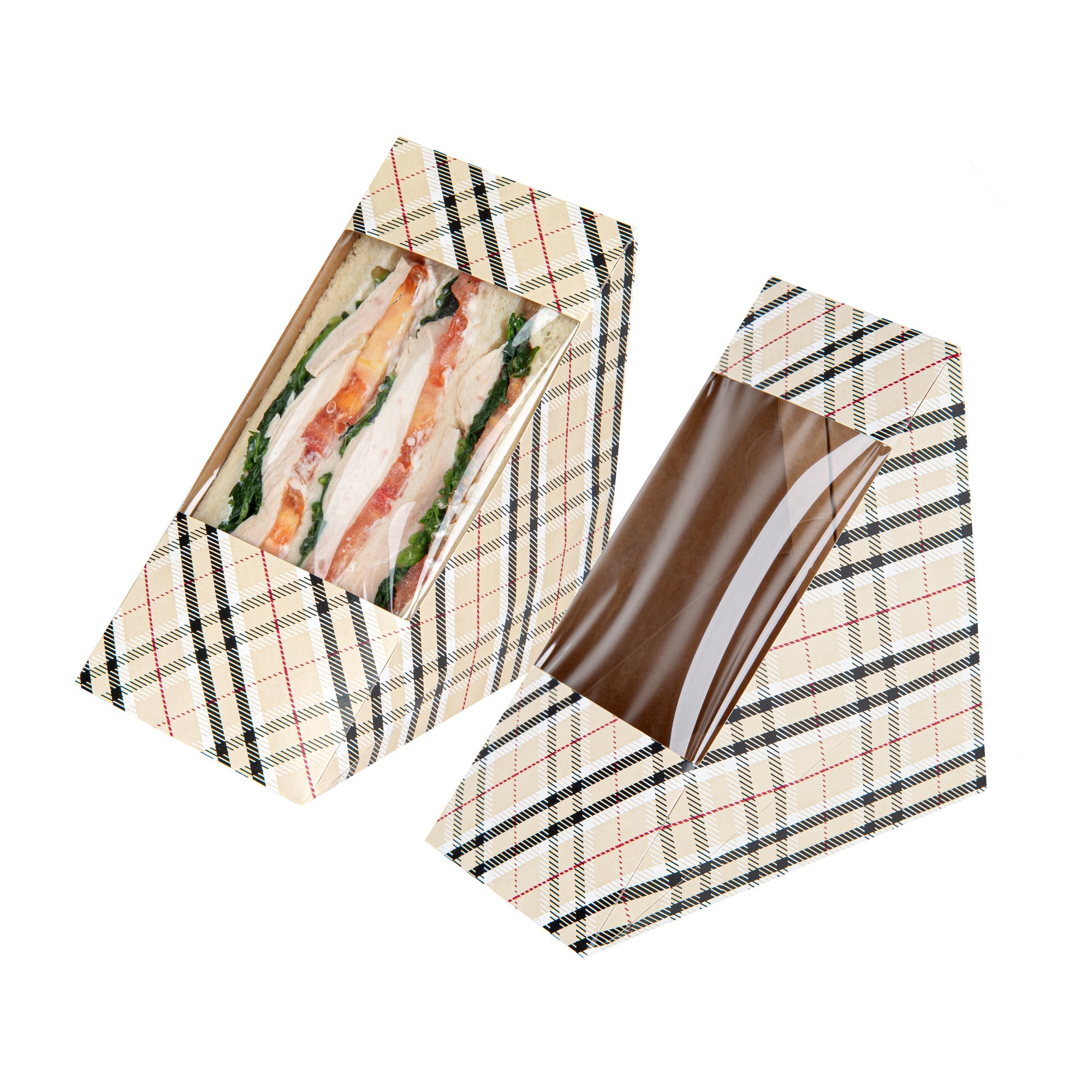 Cafe Vision Triangle Plaid Paper Large Sandwich Box - 4 3/4" x 4 3/4" x 3 1/4" - 25 count box