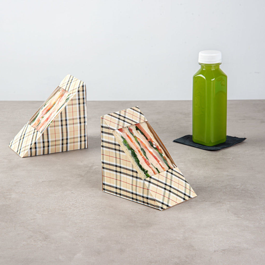 Cafe Vision Triangle Plaid Paper Large Sandwich Box - 4 3/4" x 4 3/4" x 3 1/4" - 25 count box