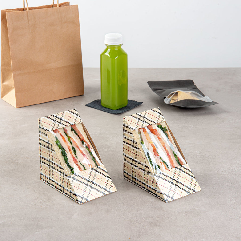 Cafe Vision Triangle Plaid Paper Large Sandwich Box - 4 3/4" x 4 3/4" x 3 1/4" - 200 count box