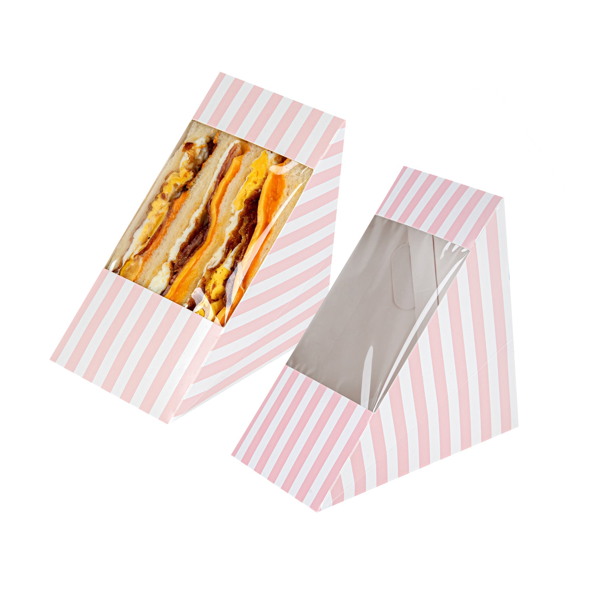 Cafe Vision Triangle Pink and White Stripe Paper Large Sandwich Box - 4 3/4" x 4 3/4" x 3 1/4" - 25 count box
