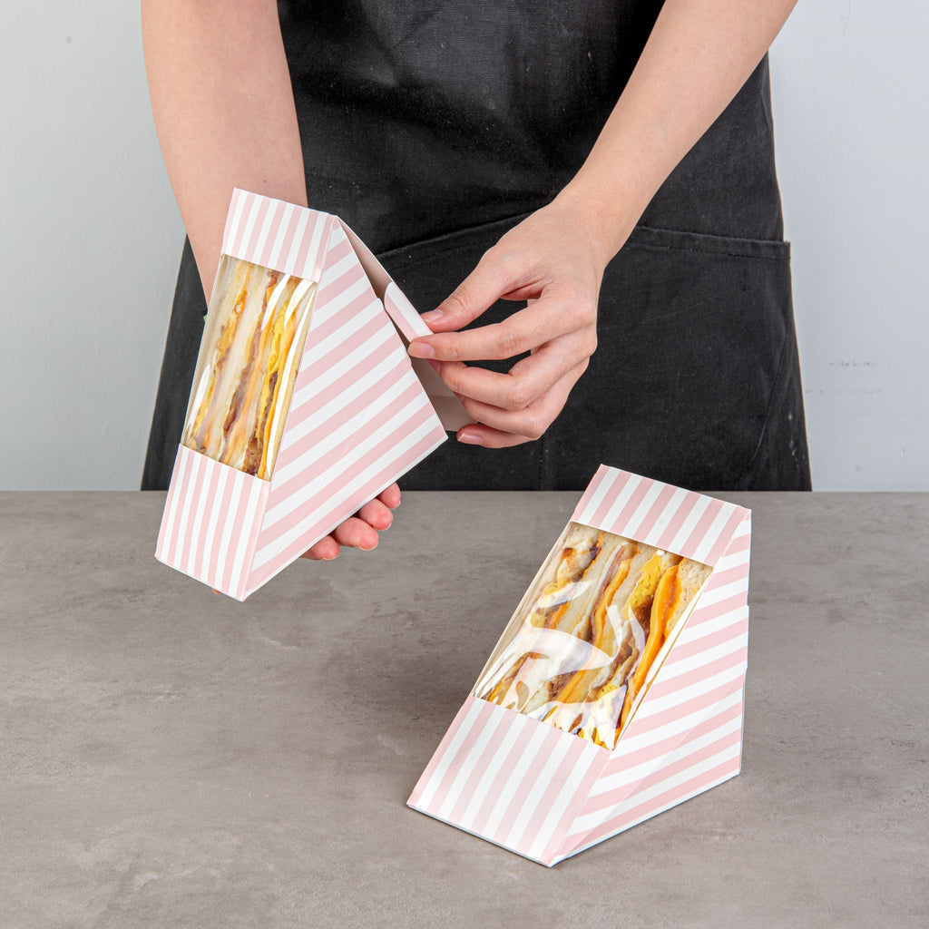 Cafe Vision Triangle Pink and White Stripe Paper Large Sandwich Box - 4 3/4" x 4 3/4" x 3 1/4" - 25 count box