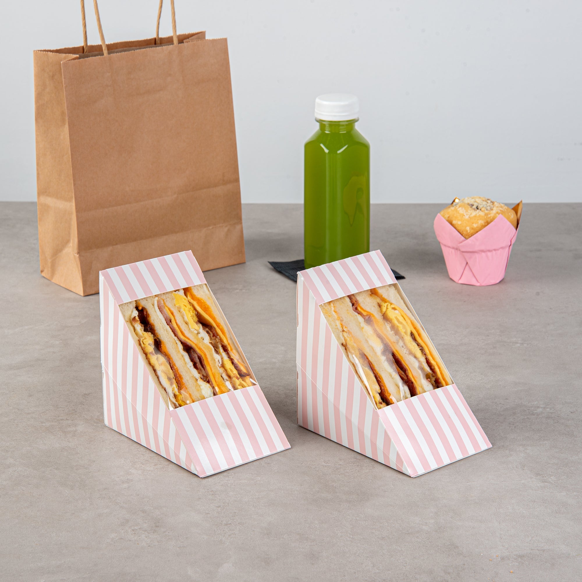 Cafe Vision Triangle Pink and White Stripe Paper Large Sandwich Box - 4 3/4" x 4 3/4" x 3 1/4" - 200 count box