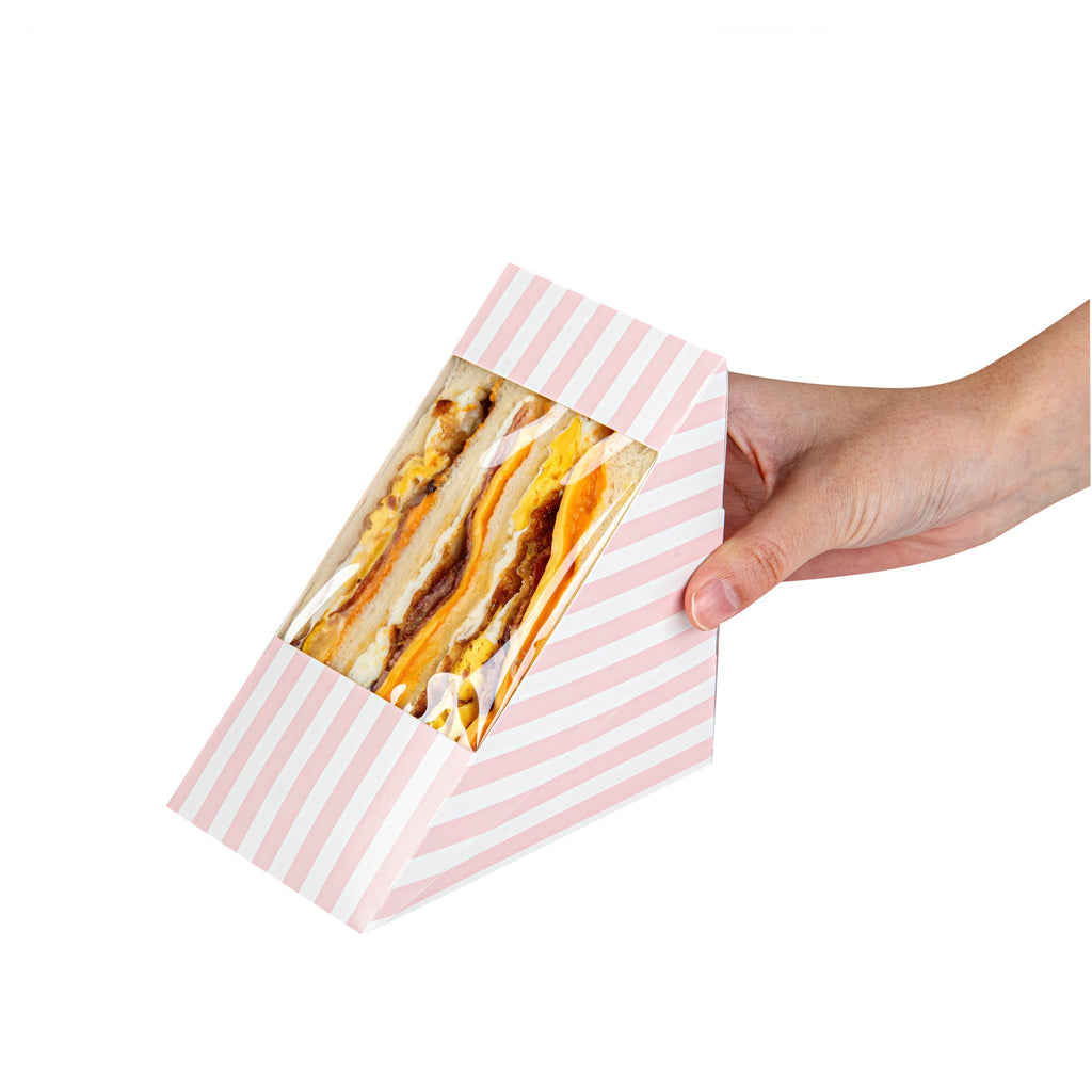 Cafe Vision Triangle Pink and White Stripe Paper Large Sandwich Box - 4 3/4" x 4 3/4" x 3 1/4" - 200 count box