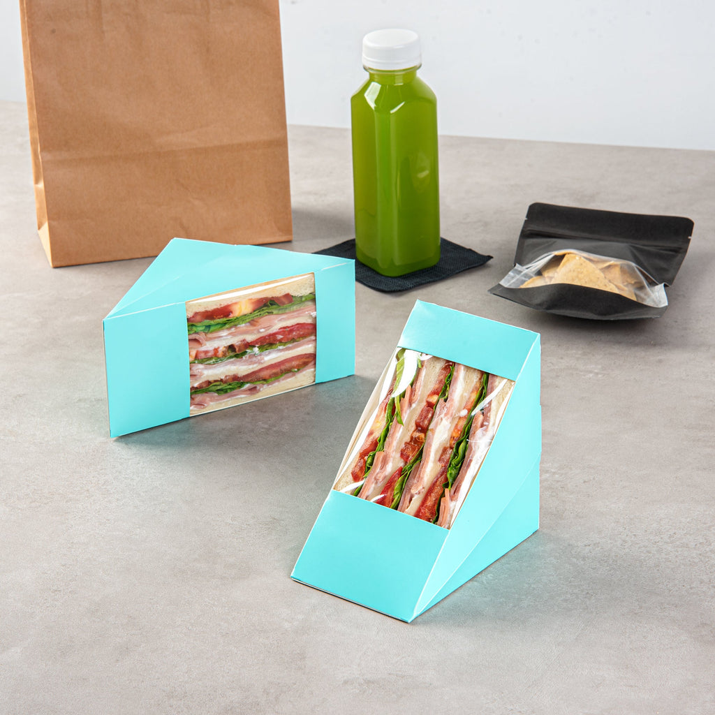 Cafe Vision Triangle Turquoise Paper Large Sandwich Box - 4 3/4" x 4 3/4" x 3 1/4" - 25 count box