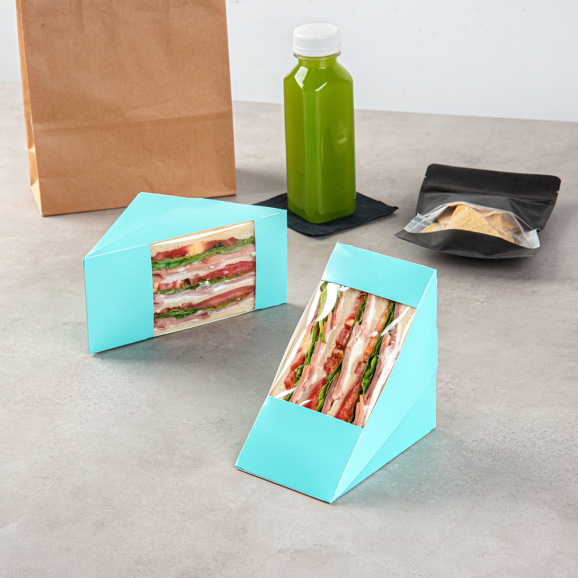 Cafe Vision Triangle Turquoise Paper Large Sandwich Box - 4 3/4" x 4 3/4" x 3 1/4" - 25 count box
