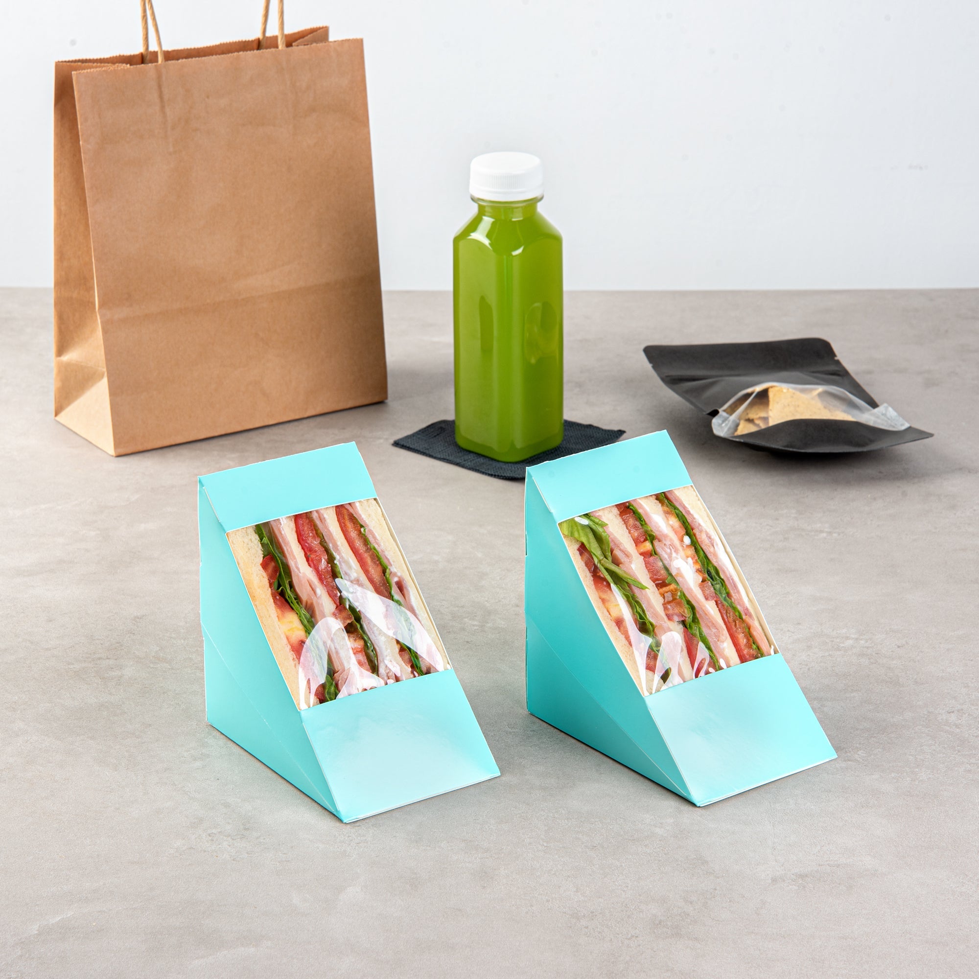 Cafe Vision Triangle Turquoise Paper Large Sandwich Box - 4 3/4" x 4 3/4" x 3 1/4" - 25 count box