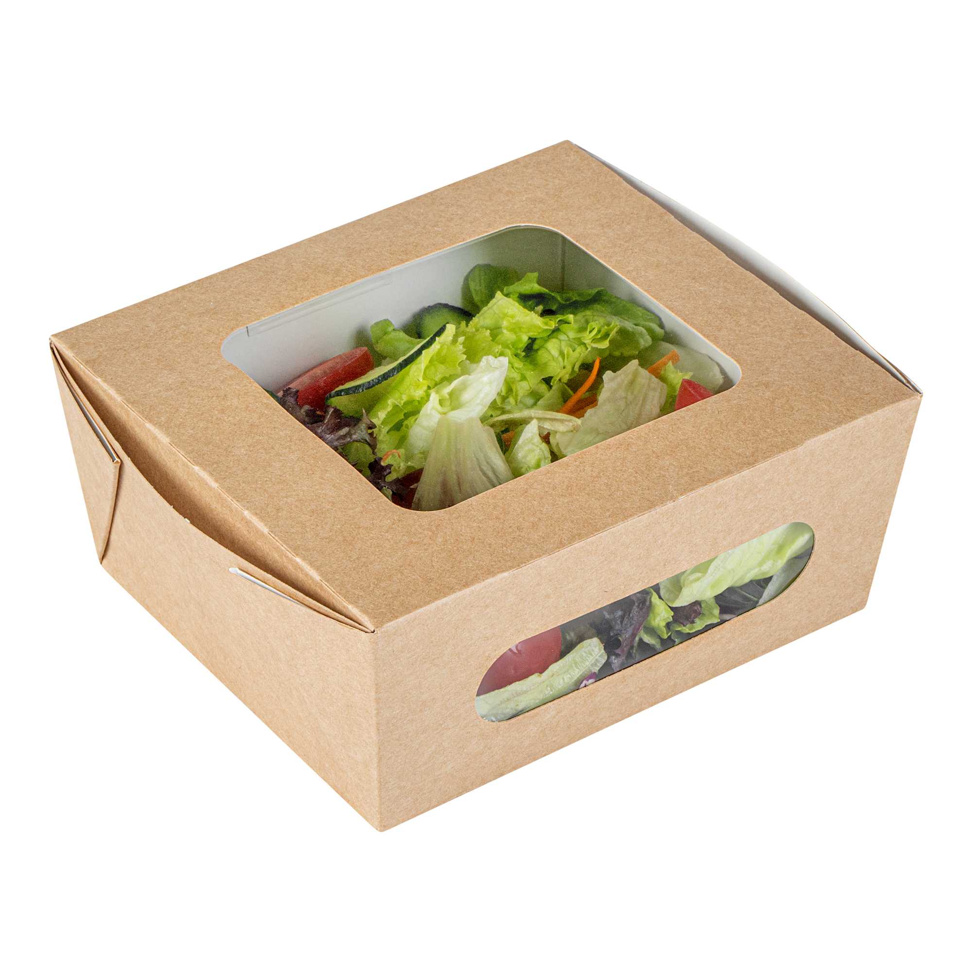 Cafe Vision 41 oz Rectangle Kraft Paper Large Bio Take Out Container - Two Windows - 5 1/4" x 6" x 2 1/2" - 50 count box