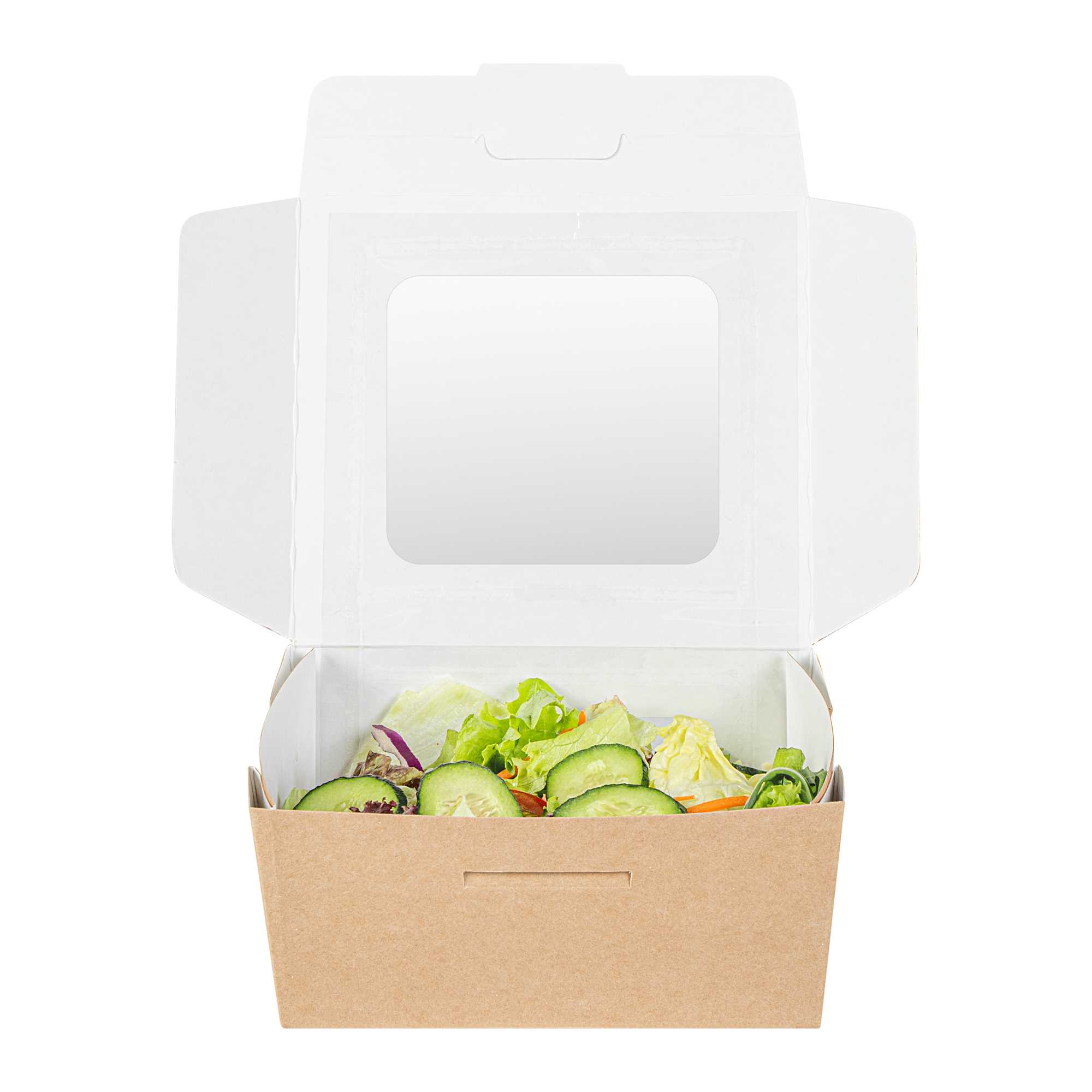 Cafe Vision 41 oz Rectangle Kraft Paper Large Bio Take Out Container - Two Windows - 5 1/4" x 6" x 2 1/2" - 50 count box