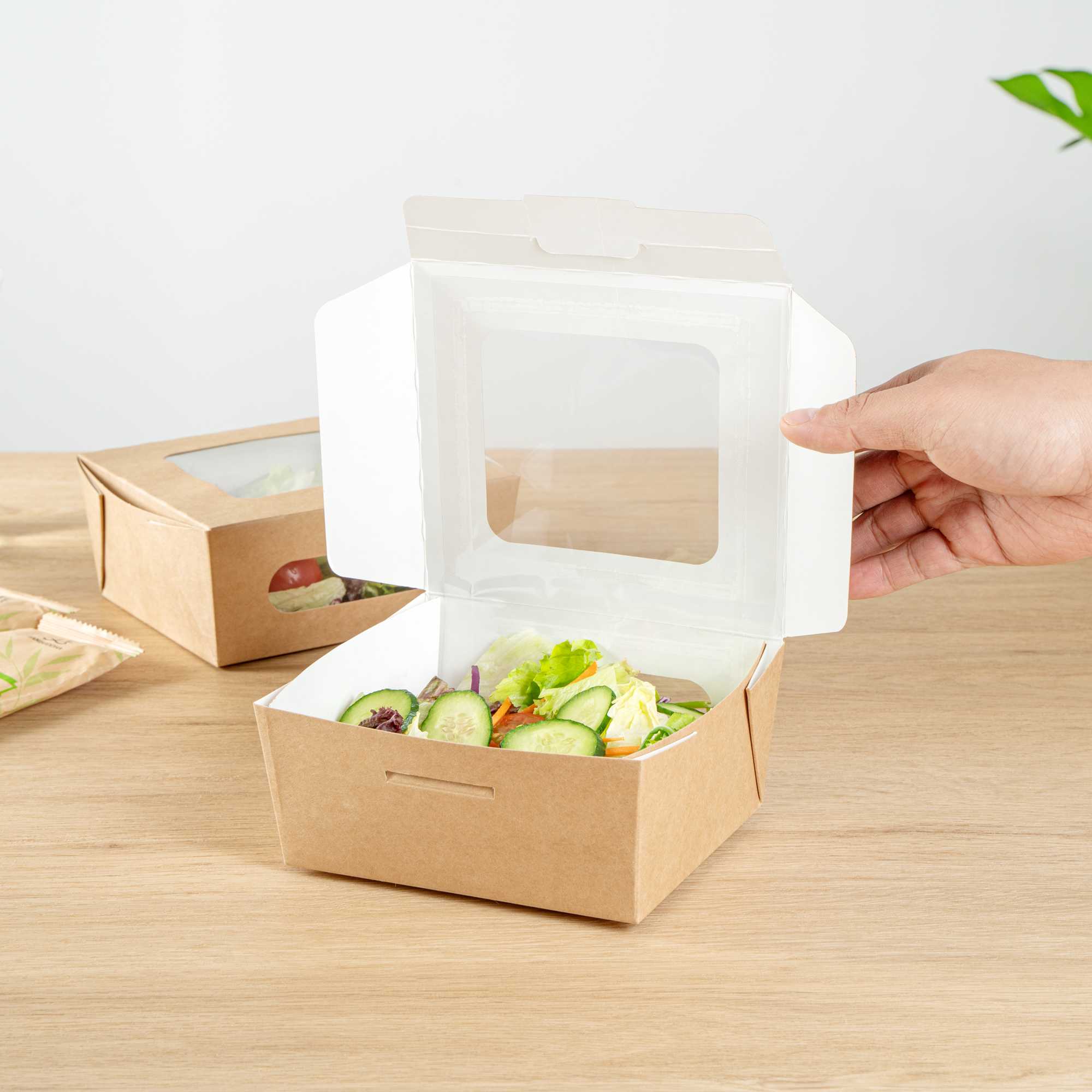 Cafe Vision 41 oz Rectangle Kraft Paper Large Bio Take Out Container - Two Windows - 5 1/4" x 6" x 2 1/2" - 50 count box