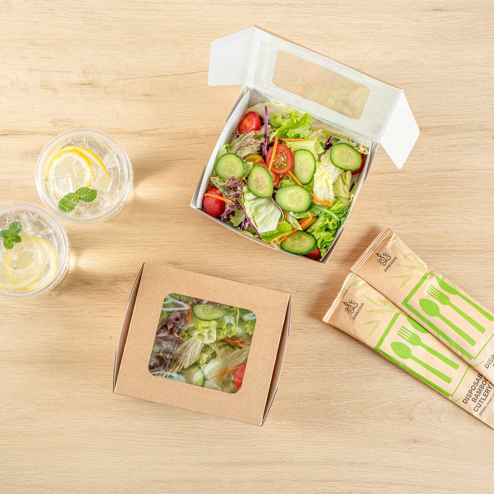 Cafe Vision 41 oz Rectangle Kraft Paper Large Bio Take Out Container - Two Windows - 5 1/4" x 6" x 2 1/2" - 50 count box