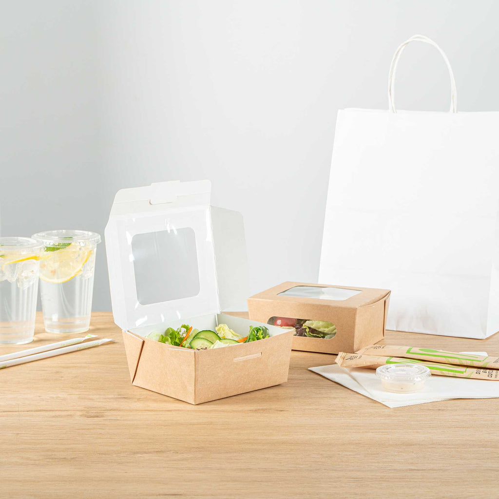 Cafe Vision 41 oz Rectangle Kraft Paper Large Bio Take Out Container - Two Windows - 5 1/4" x 6" x 2 1/2" - 50 count box