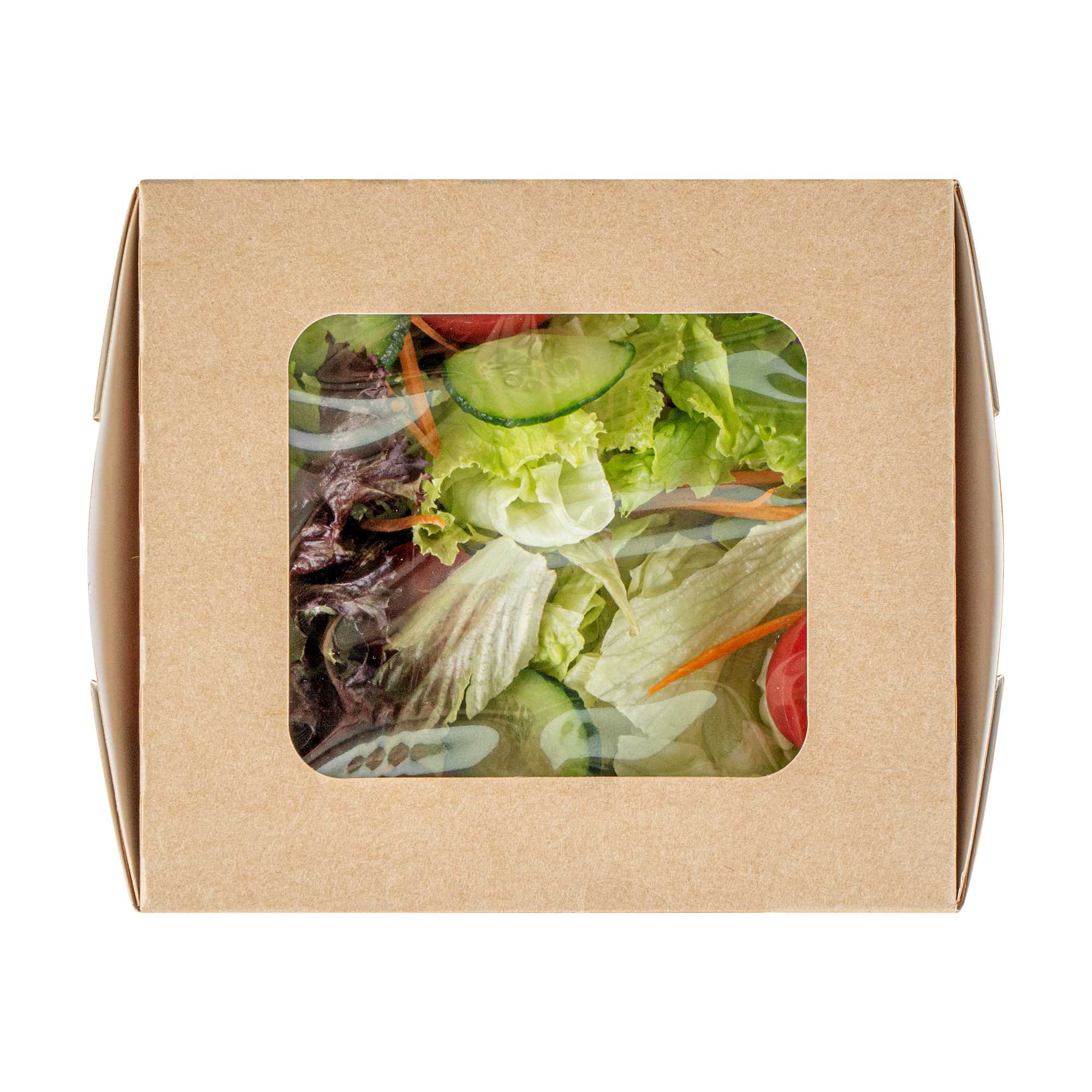 Cafe Vision 41 oz Rectangle Kraft Paper Large Bio Take Out Container - Two Windows - 5 1/4" x 6" x 2 1/2" - 200 count box
