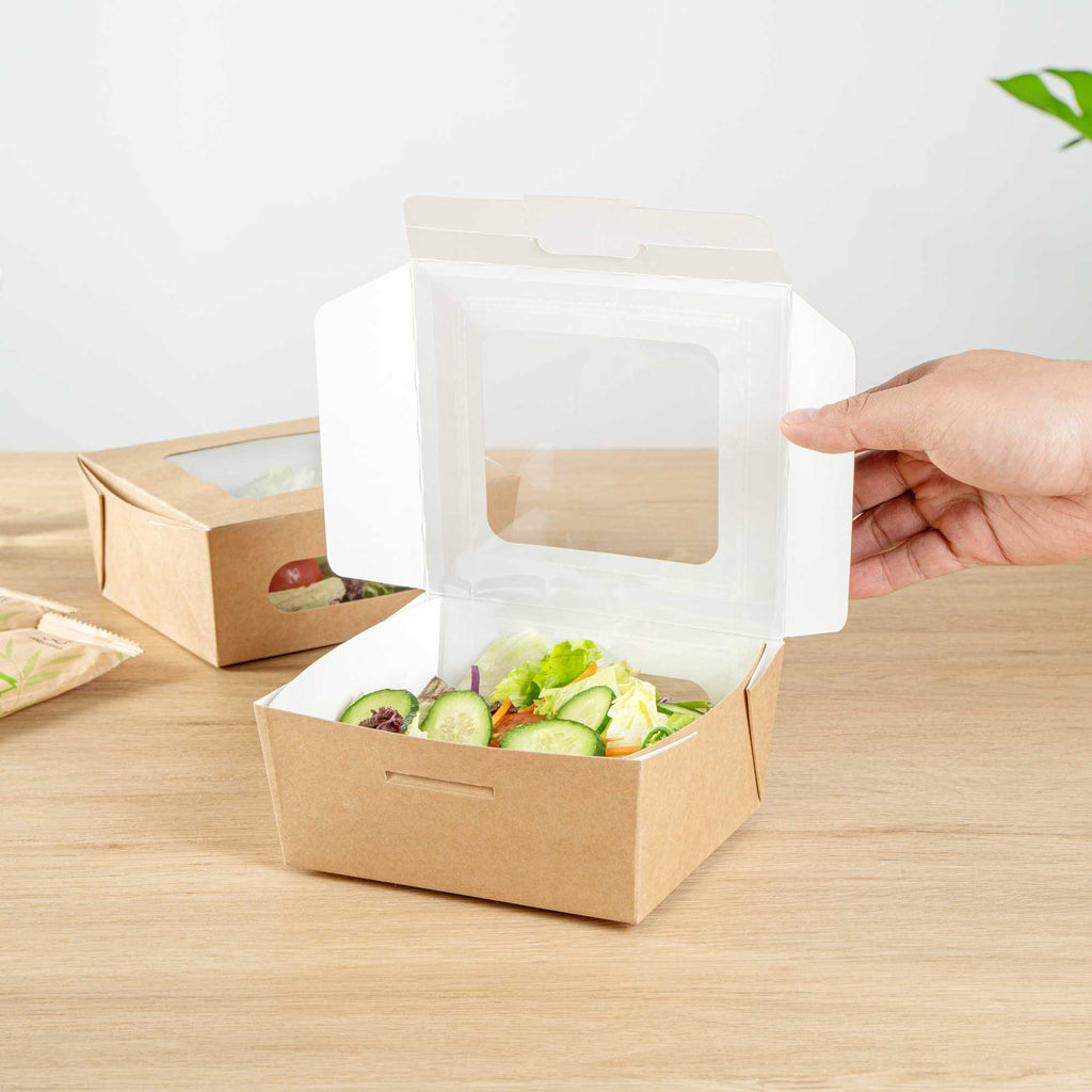 Cafe Vision 41 oz Rectangle Kraft Paper Large Bio Take Out Container - Two Windows - 5 1/4" x 6" x 2 1/2" - 200 count box