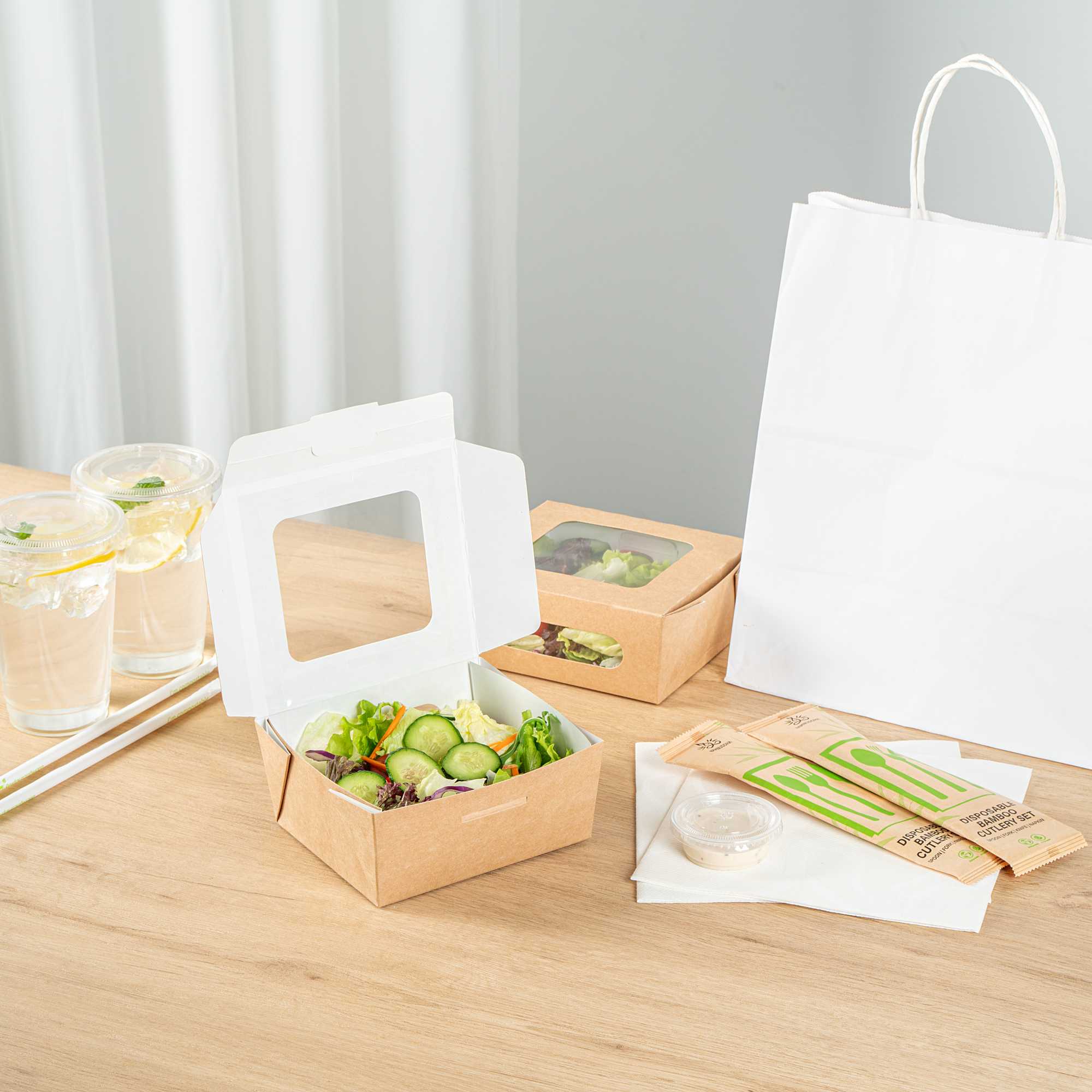 Cafe Vision 41 oz Rectangle Kraft Paper Large Bio Take Out Container - Two Windows - 5 1/4" x 6" x 2 1/2" - 200 count box