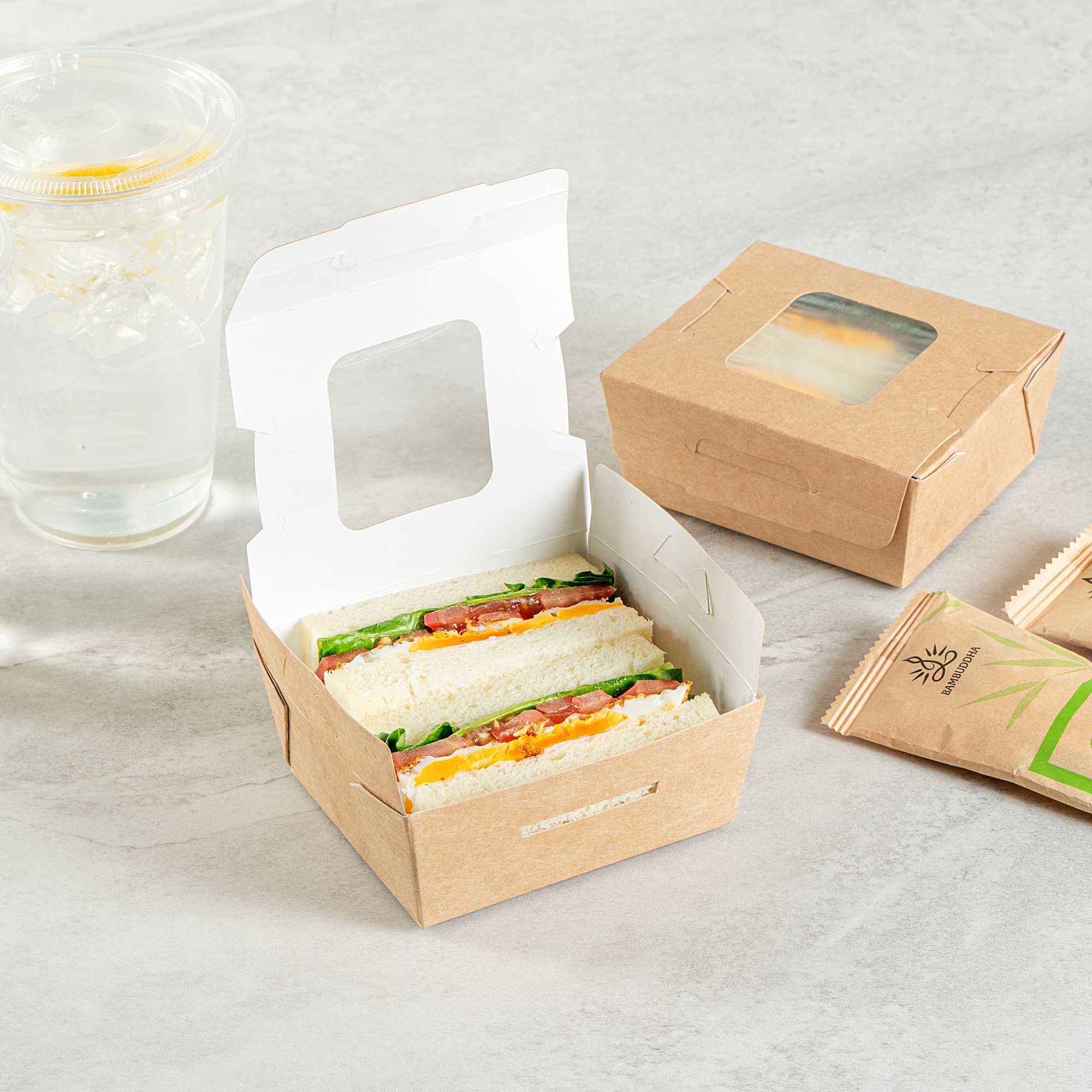 Cafe Vision 12 oz Rectangle Kraft Paper Mini Bio Take Out Container - Two Windows - 4 1/4" x 3 3/4" x 1 3/4" - 200 count box