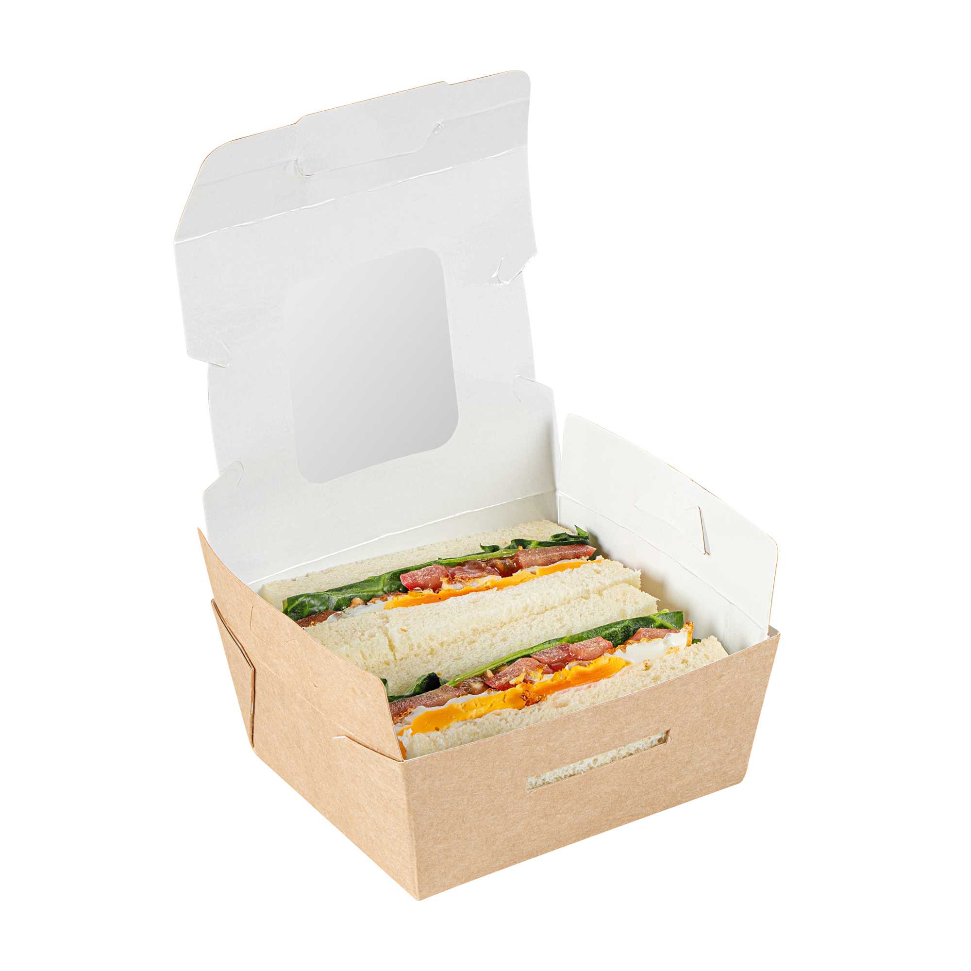 Cafe Vision 12 oz Rectangle Kraft Paper Mini Bio Take Out Container - Two Windows - 4 1/4" x 3 3/4" x 1 3/4" - 200 count box
