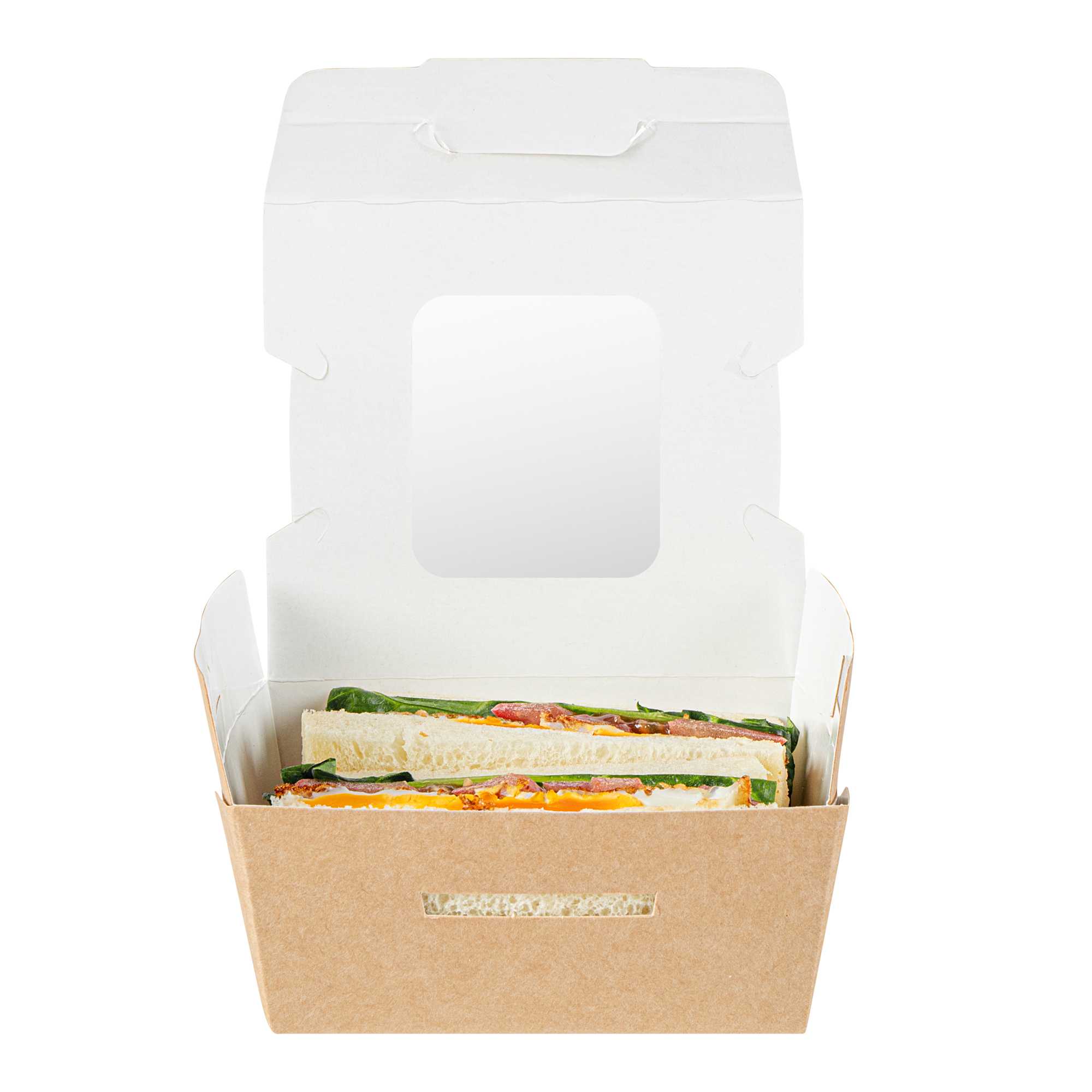 Cafe Vision 12 oz Rectangle Kraft Paper Mini Bio Take Out Container - Two Windows - 4 1/4" x 3 3/4" x 1 3/4" - 200 count box
