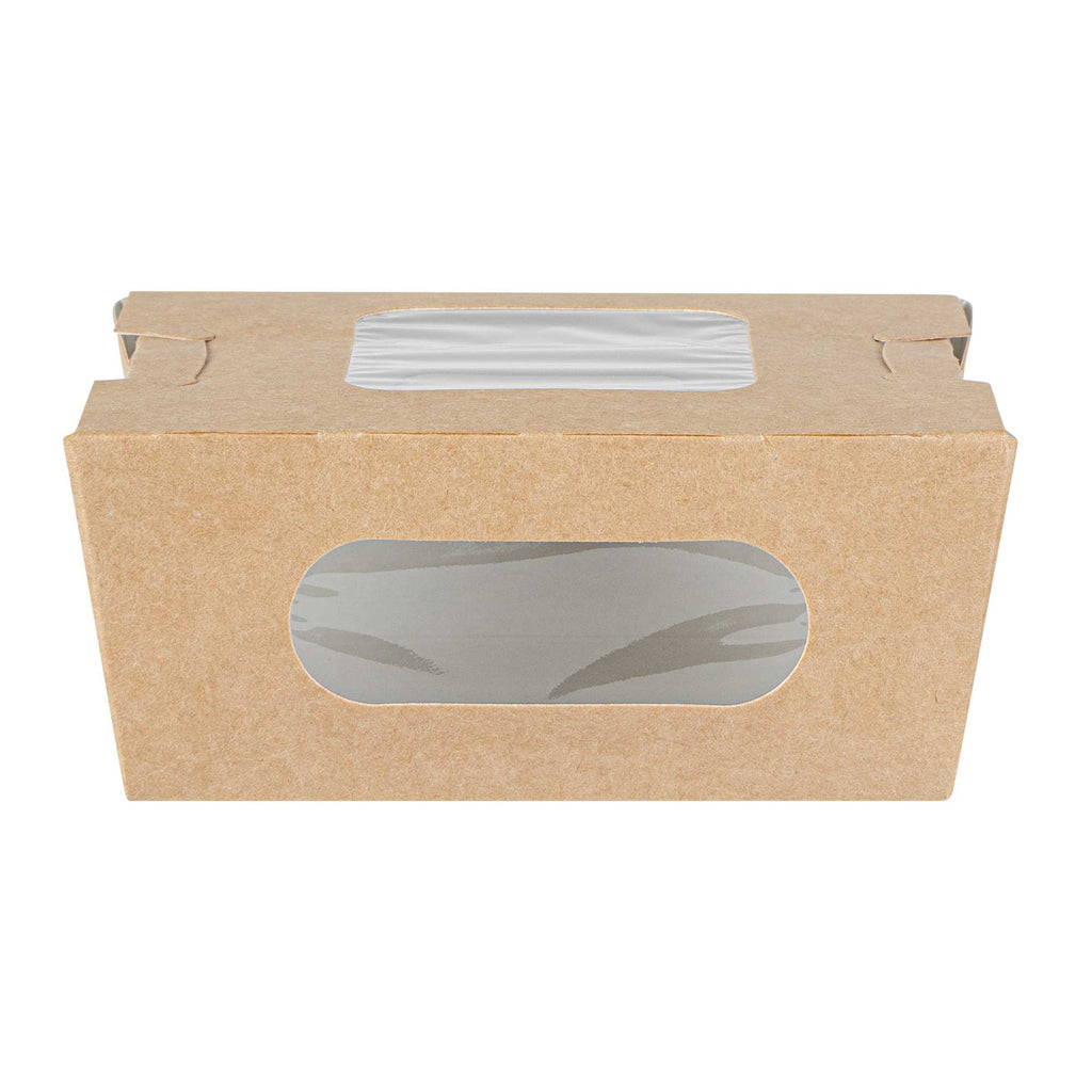 Cafe Vision 12 oz Rectangle Kraft Paper Mini Bio Take Out Container - Two Windows - 4 1/4" x 3 3/4" x 1 3/4" - 200 count box
