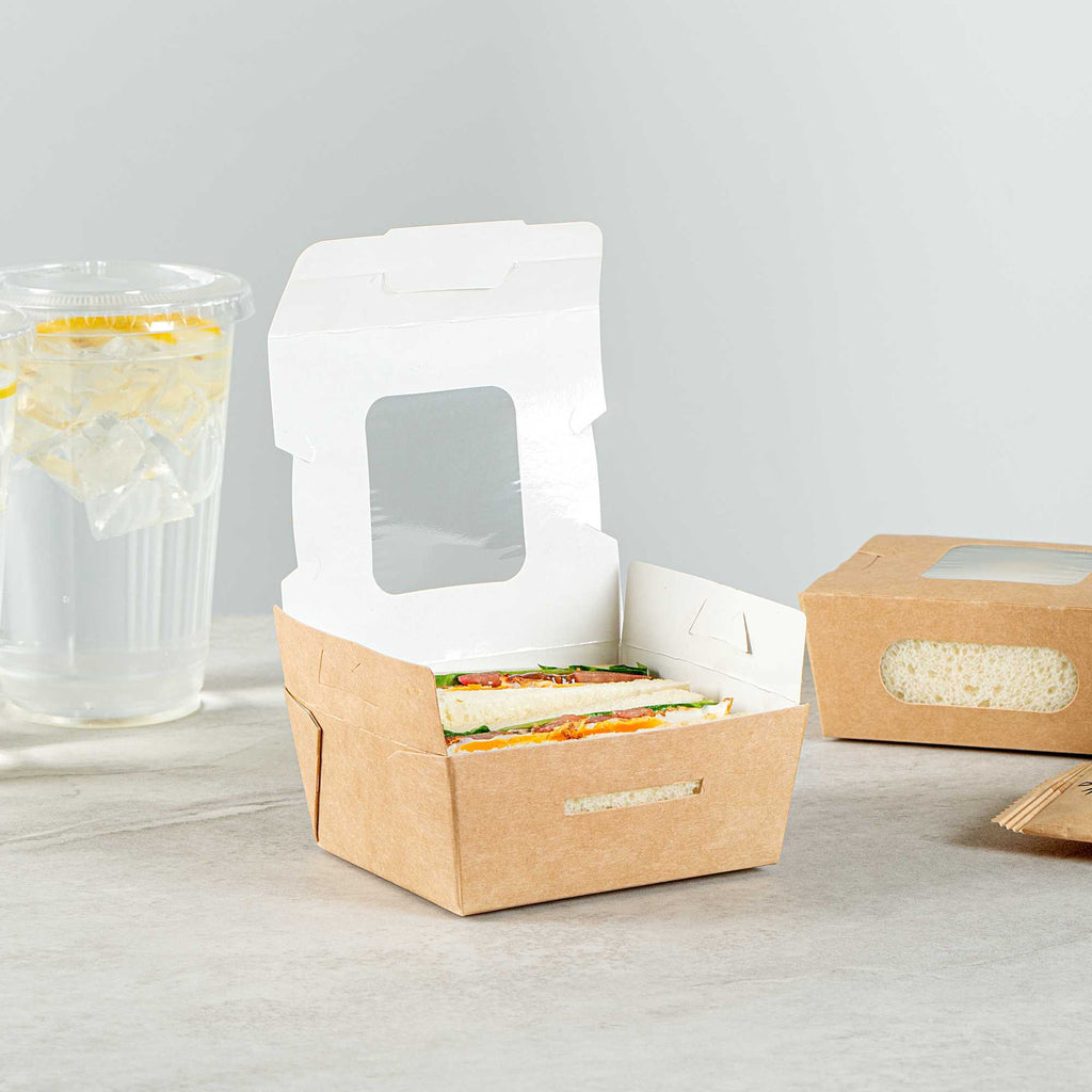 Cafe Vision 12 oz Rectangle Kraft Paper Mini Bio Take Out Container - Two Windows - 4 1/4" x 3 3/4" x 1 3/4" - 200 count box